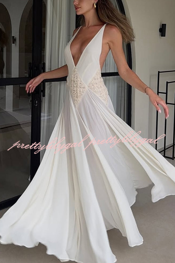 Venus By The Sea Tulle Lace Patchwork Backless Flowy Maxi Dress for Women - Elegant Beach Wedding Guest Dress & Summer Party Gown