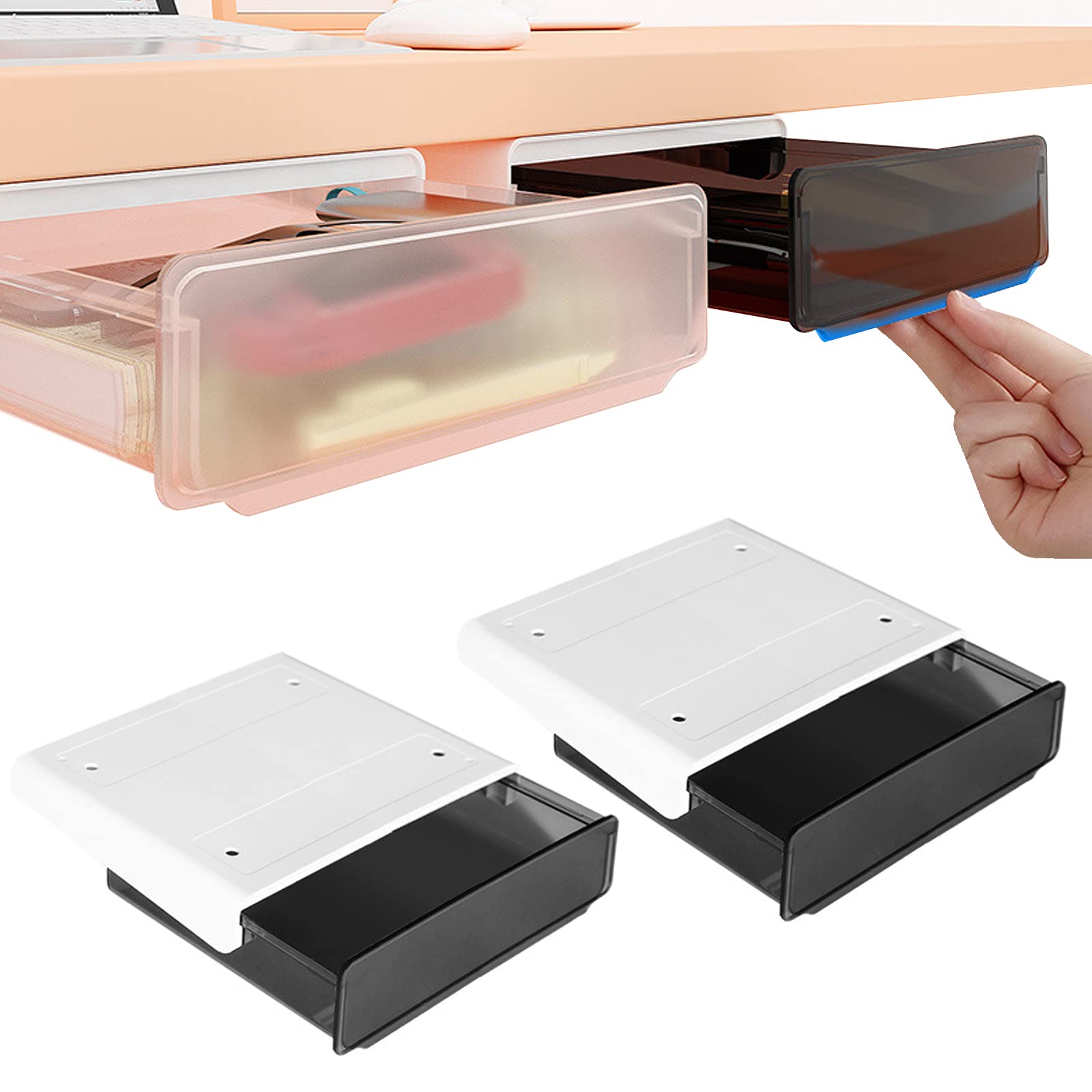 Self-Adhesive Under Desk Drawer Organizer - 2 Pack Hidden Slide-Out Storage Tray for Office Supplies, Stationery & Utensils - Perfect for Home Office, School Desk & Kitchen Countertop (Large, Black)