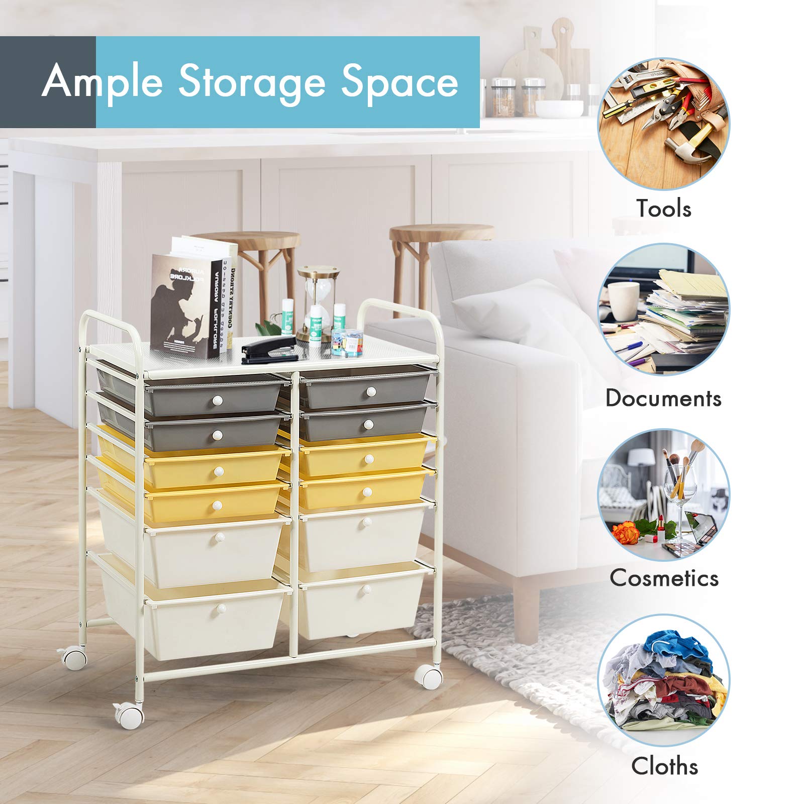 RELAX4LIFE 12-Drawer Rolling Storage Cart with Wheels - Mobile Craft Organizer for Art Supplies, Office, School & Beauty Salon | Yellow Utility Cart for Home, Classroom & Salon Organization