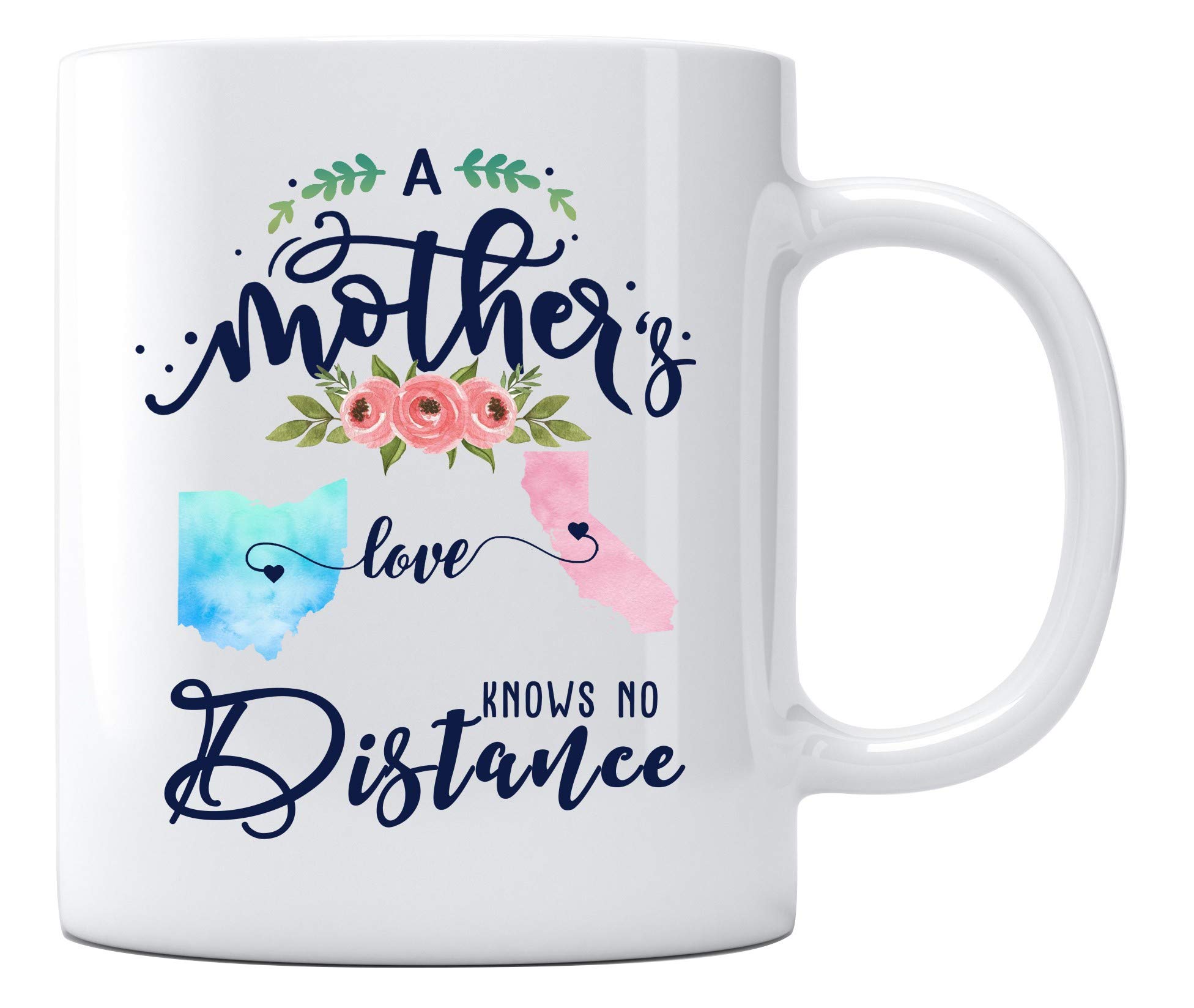 Long Distance Mother's Day Gift Mug - 11oz White Coffee Cup for Mom from Daughter or Son | State-to-State Love Between Ohio & California | Perfect for Coffee, Tea & Heartwarming Moments