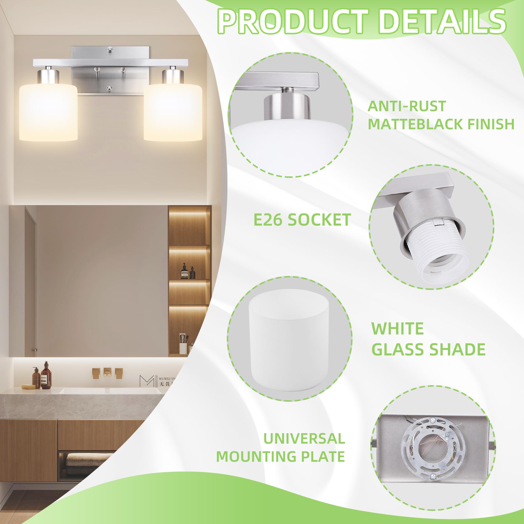 Modern 2-Light Bathroom Vanity Fixture - Brushed Nickel with Milky Glass Shades, E26 Socket - Perfect for Bedroom & Living Room Lighting