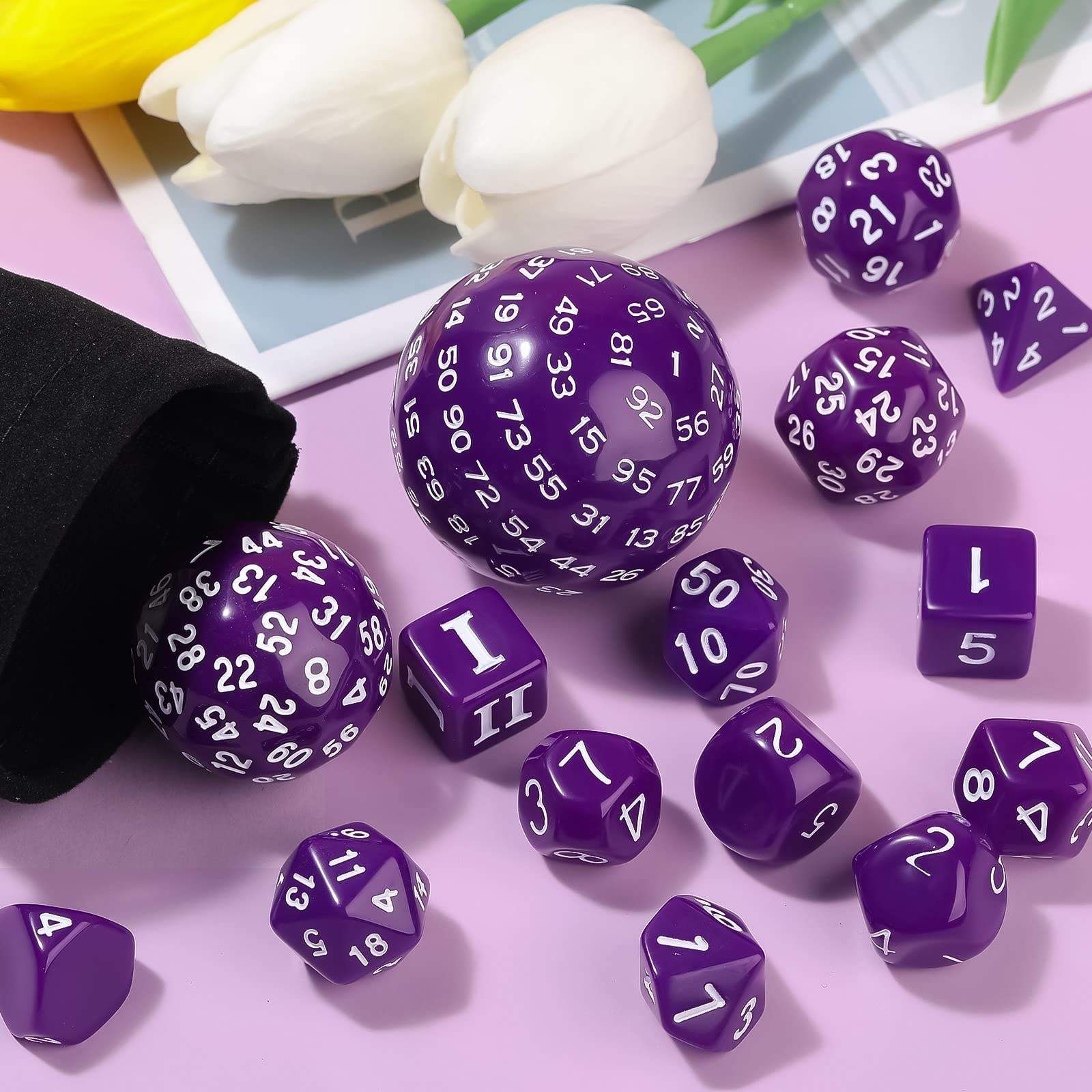 15-Piece Complete Polyhedral Dice Set D3-D100 | Opaque Black RPG Dice with 100-Sided Die | Perfect for Dungeons & Dragons, Pathfinder, and Tabletop Roleplaying Games | Includes Purple & White Accents