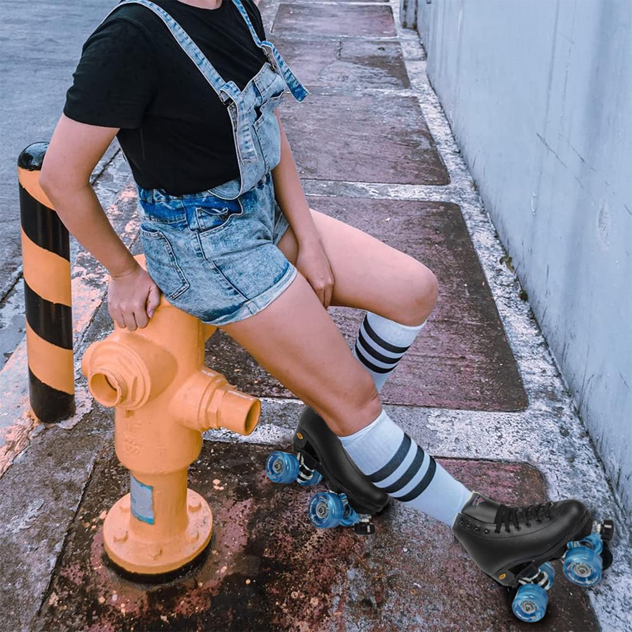 Sure Grip Fashion Fame Unisex Outdoor Roller Skates - Durable Leatherette Material, Adjustable Rubber Toe Stop, 78A Soft Outdoor Wheels & Nylon Rock Plates | Black & Blue Design for Urban Skating & Fitness