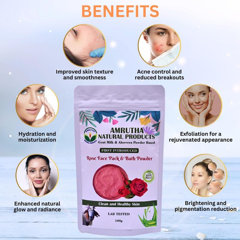 **Amrutha Natural Goat Milk & Aloe Vera Powder with Rose Extract Face Pack & Bath Powder – Cleanses Skin, Reduces Pimples, Acne, Marks & Scars – Suitable for All Skin Types – 100g (Pack of 2) | Perfect for Daily Skincare & Relaxing Baths**