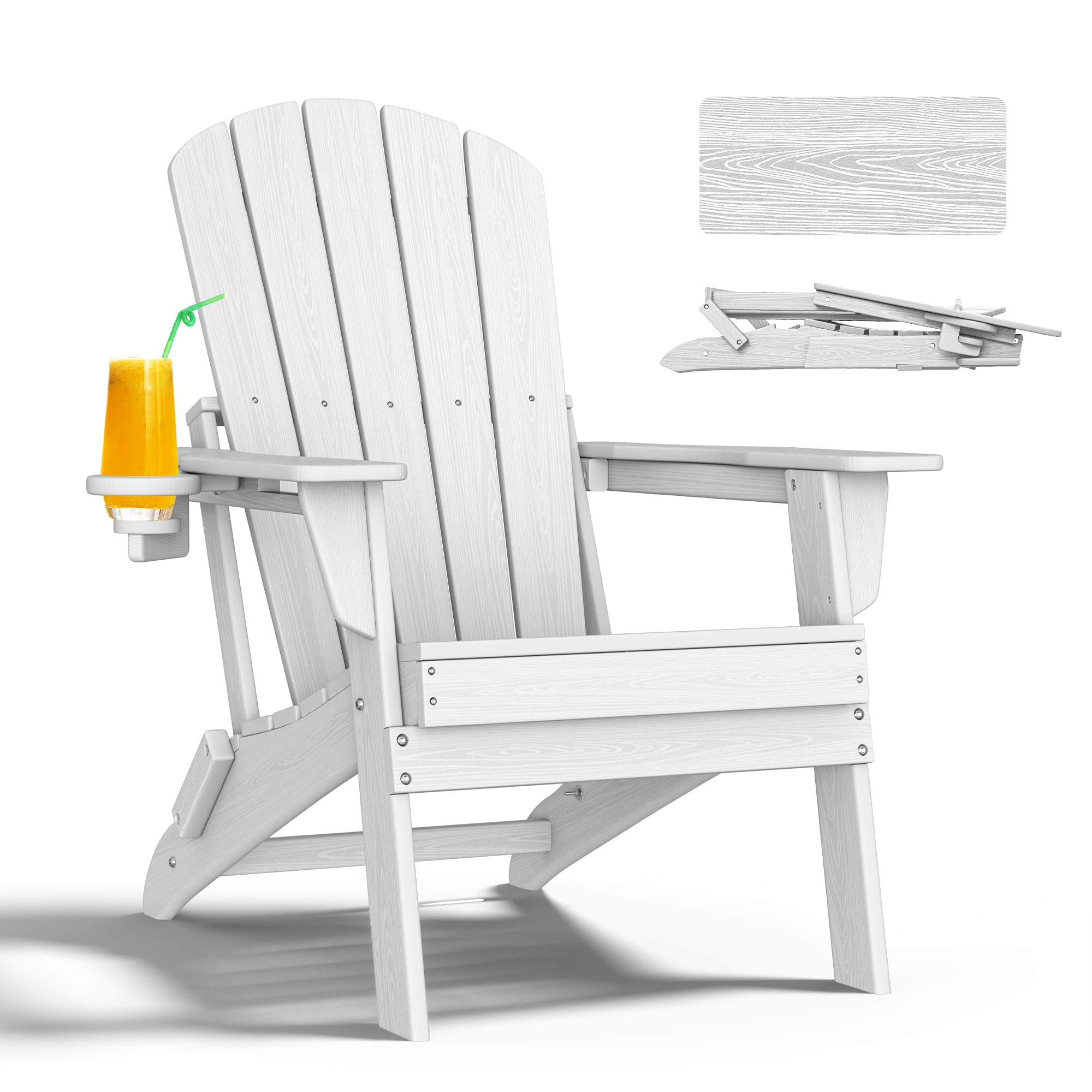 Premium Folding Adirondack Chair with Ergonomic Backrest - Heavy Duty 400lbs Capacity All-Weather HDPE Material - Zero Maintenance Outdoor Patio Furniture with Cup Holder (White) - Perfect for Backyard, Poolside, Camping & Firepit Relaxation