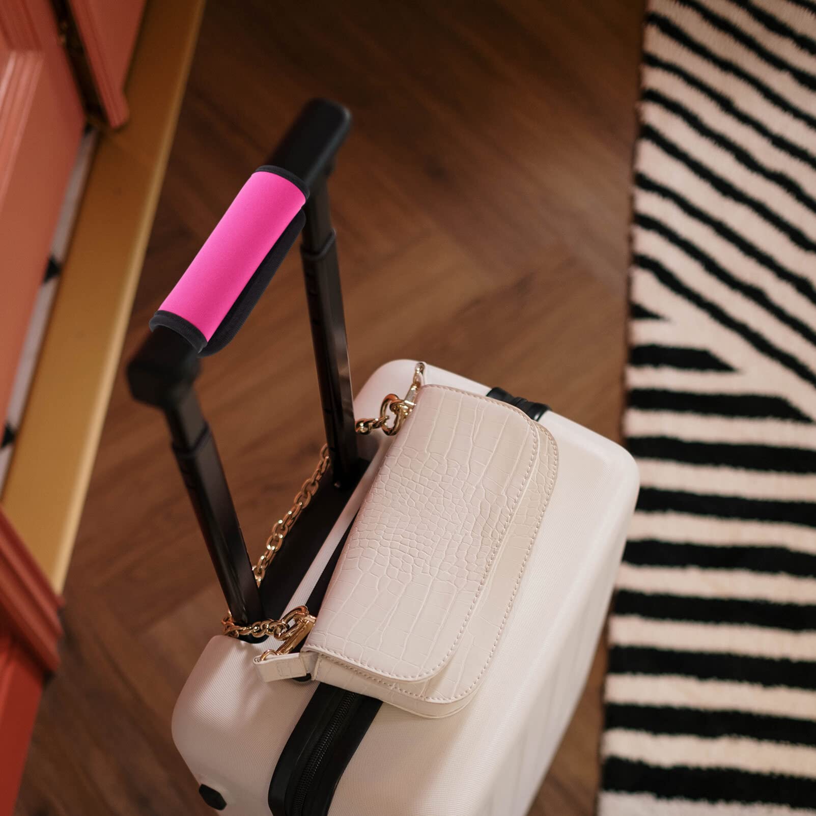 Neoprene Luggage Handle Wraps - Comfortable Suitcase Grip Covers with Unique Design for Travel Bags, Laptop Cases & Briefcases (Black Rosy) | Perfect for Business Trips, Vacations & Daily Commute