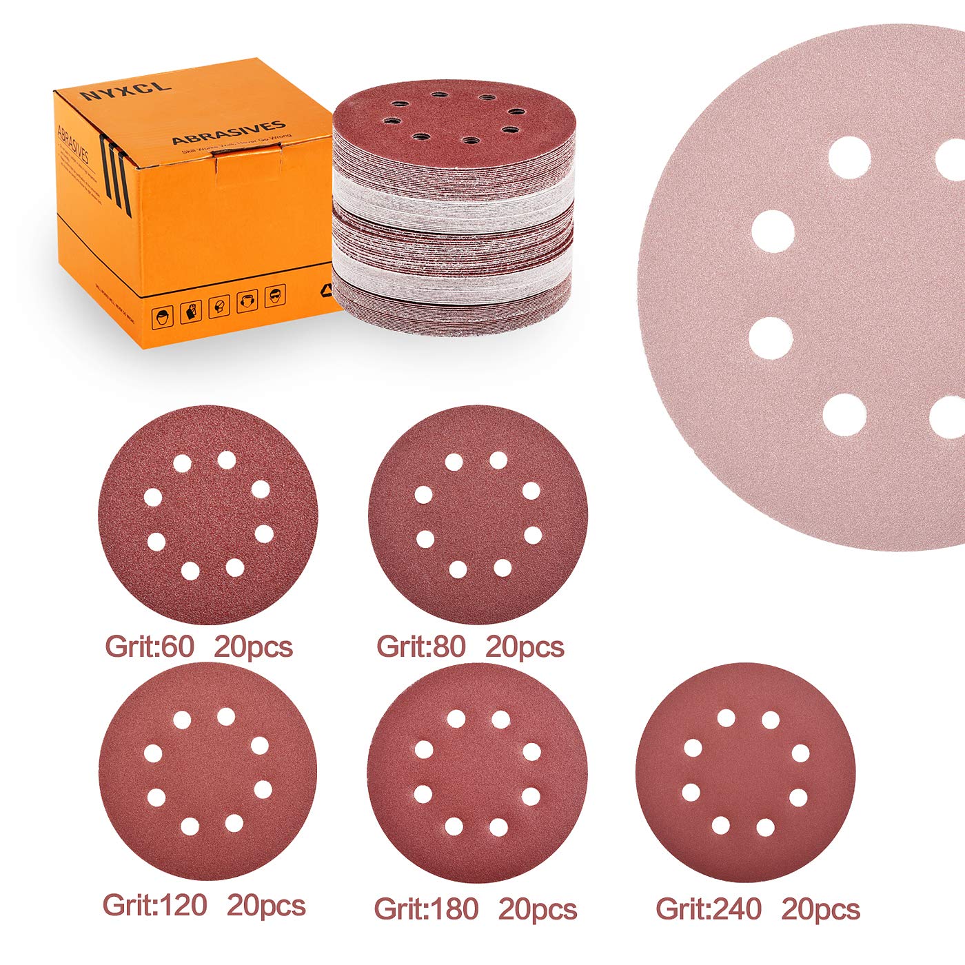 100PCS 5 Inch (127mm) 8-Hole Hook & Loop Sanding Discs - 60/80/120/180/240 Grit Assorted Sandpaper for Random Orbital Sander - Perfect for Woodworking, Metal Polishing & DIY Projects