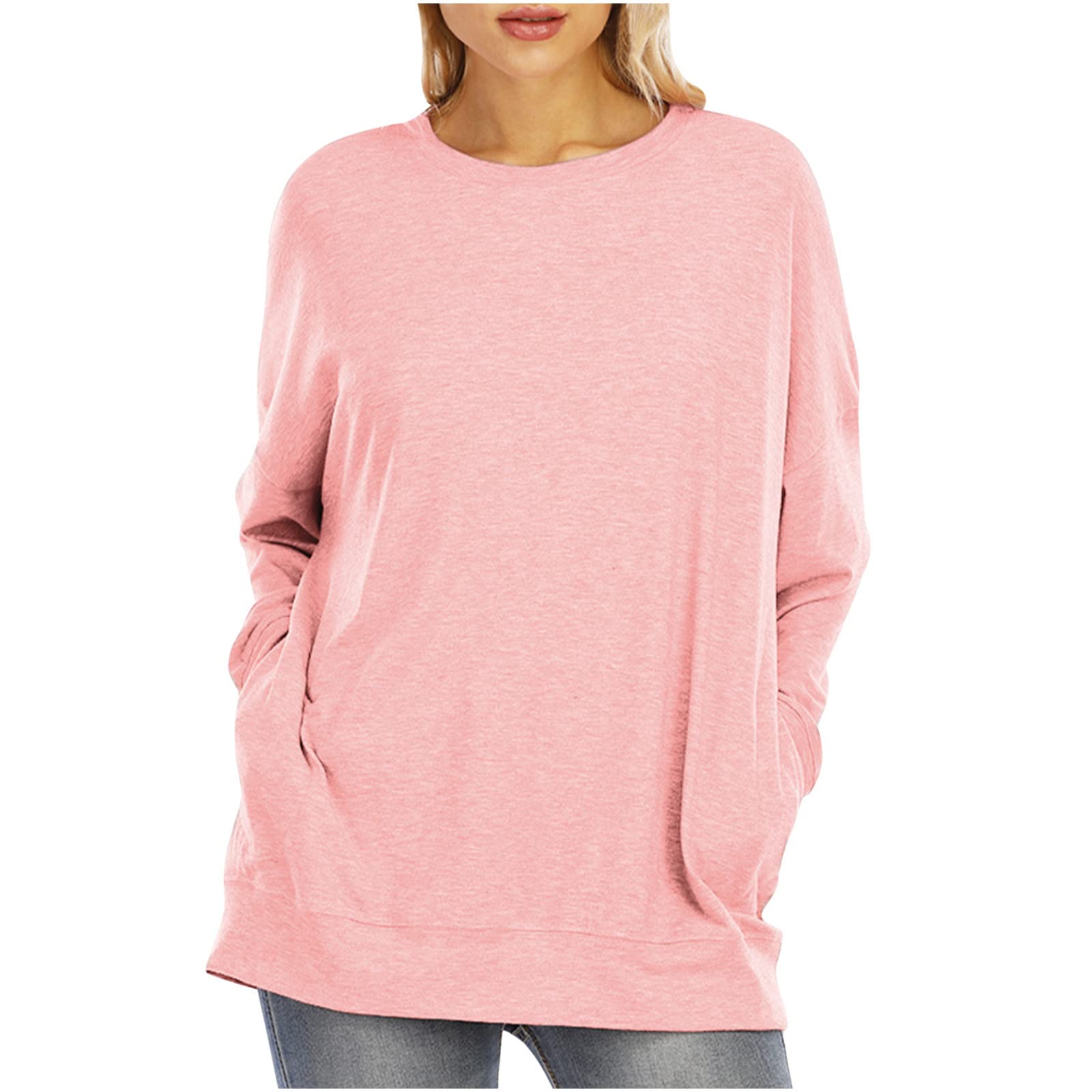 Women's Casual Long Sleeve Round Neck Pullover Tops - Solid Color Loose Blouse with Pockets | Office Wear, Weekend Outfits & Layering Essentials