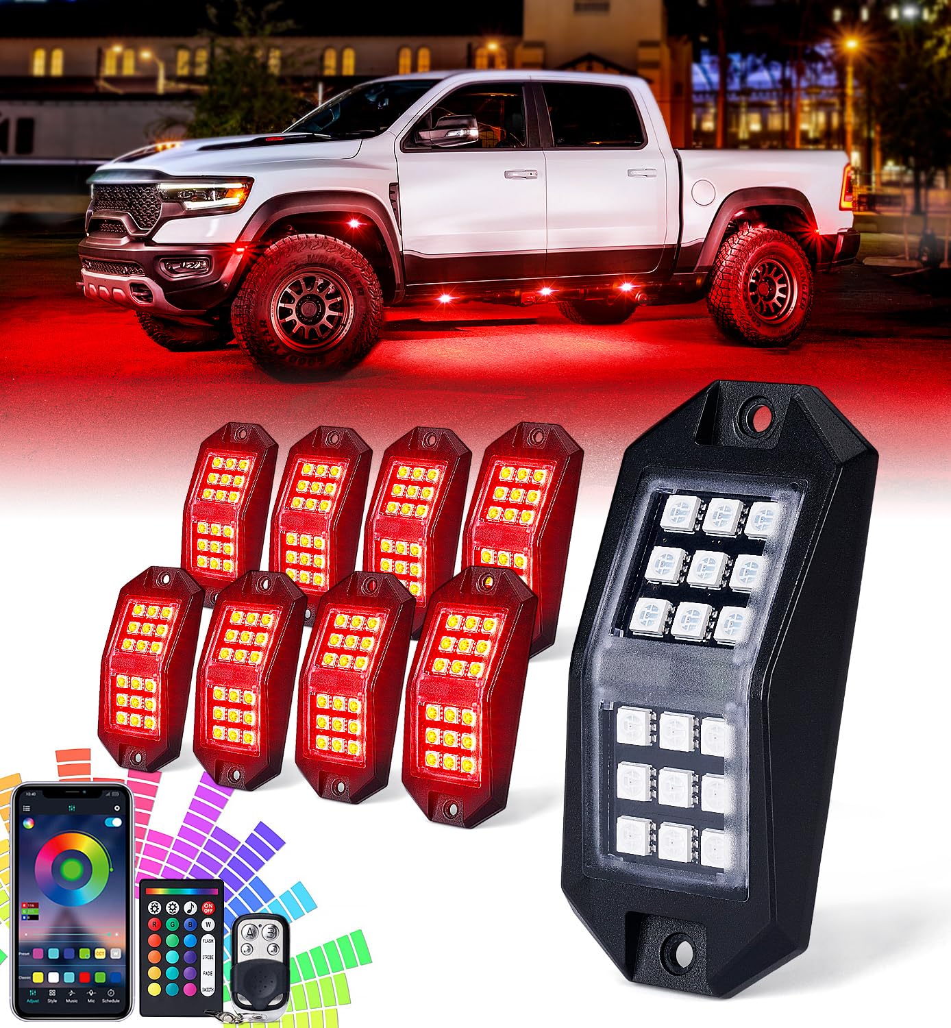 LUMENIX RGB LED Rock Lights Kit - Bluetooth Multicolor Wheel Well & Footwell Underglow Neon Lights with Remote Control - Wide Angle Rock Lights for Off-Road Trucks, SUVs, UTVs, RZRs, ATVs & Motorcycles (8 Pods) - Perfect for Night Rides, Car Shows & Off-Road Adventures
