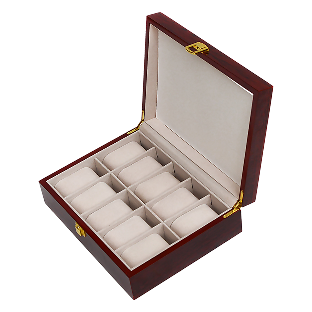 10-Slot Wooden Watch Display Case with Glass Top - Jewelry Storage Box for Watches, Rings, Necklaces - Perfect for Home, Office, and Retail Store Display