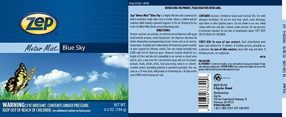 Zep Metered Mist Automatic Aerosol Air Freshener Refill - Blue Sky Scent, 6.5oz (Pack of 12) | Long-Lasting 30-Day Odor Neutralizer for Home, Office, Bathroom & Car | Case #336201
