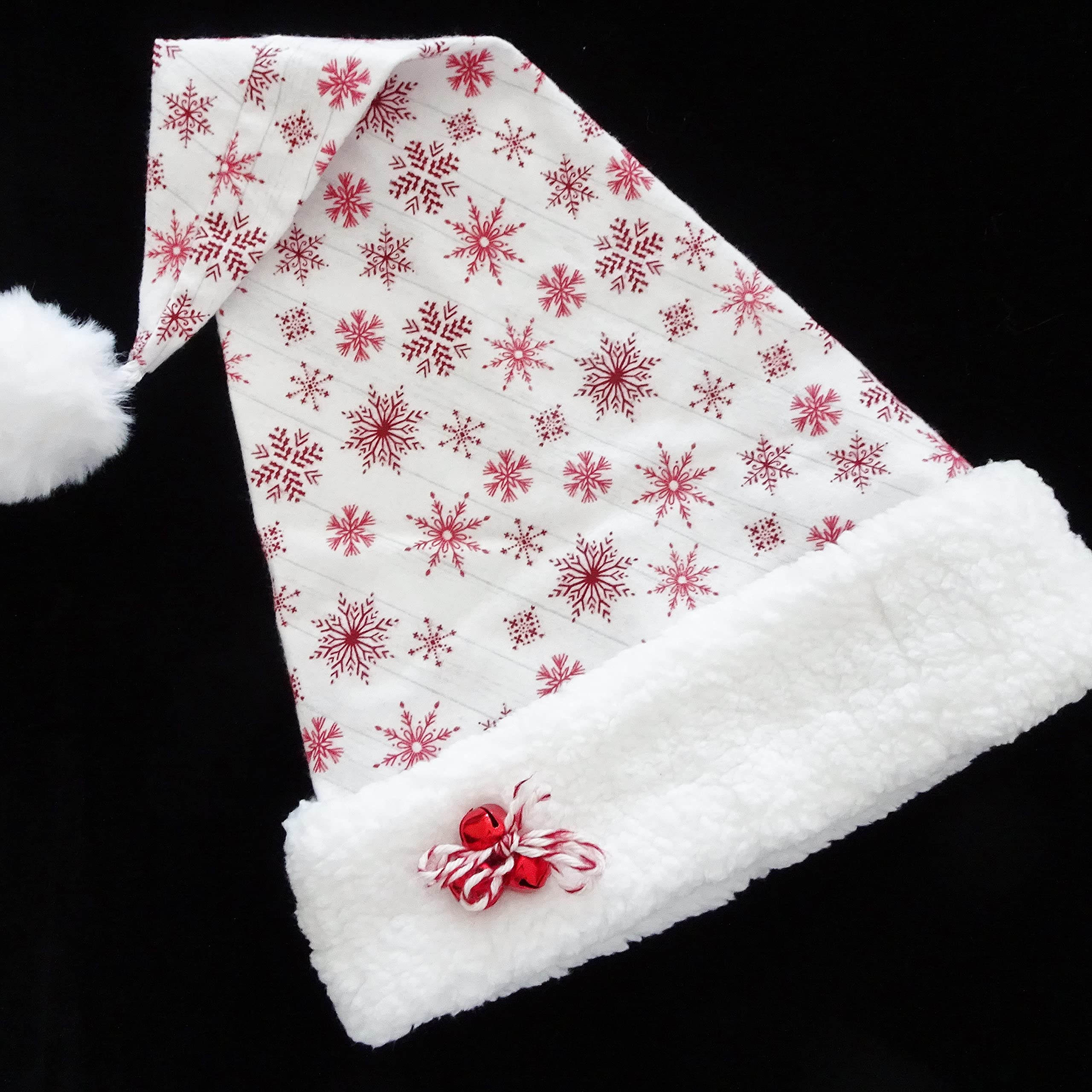 Festive White & Red Snowflake Santa Hat with Jingle Bells - Christmas Costume Accessory for Adults & Teens - Perfect for Holiday Parties, Xmas Photos & Festive Gatherings