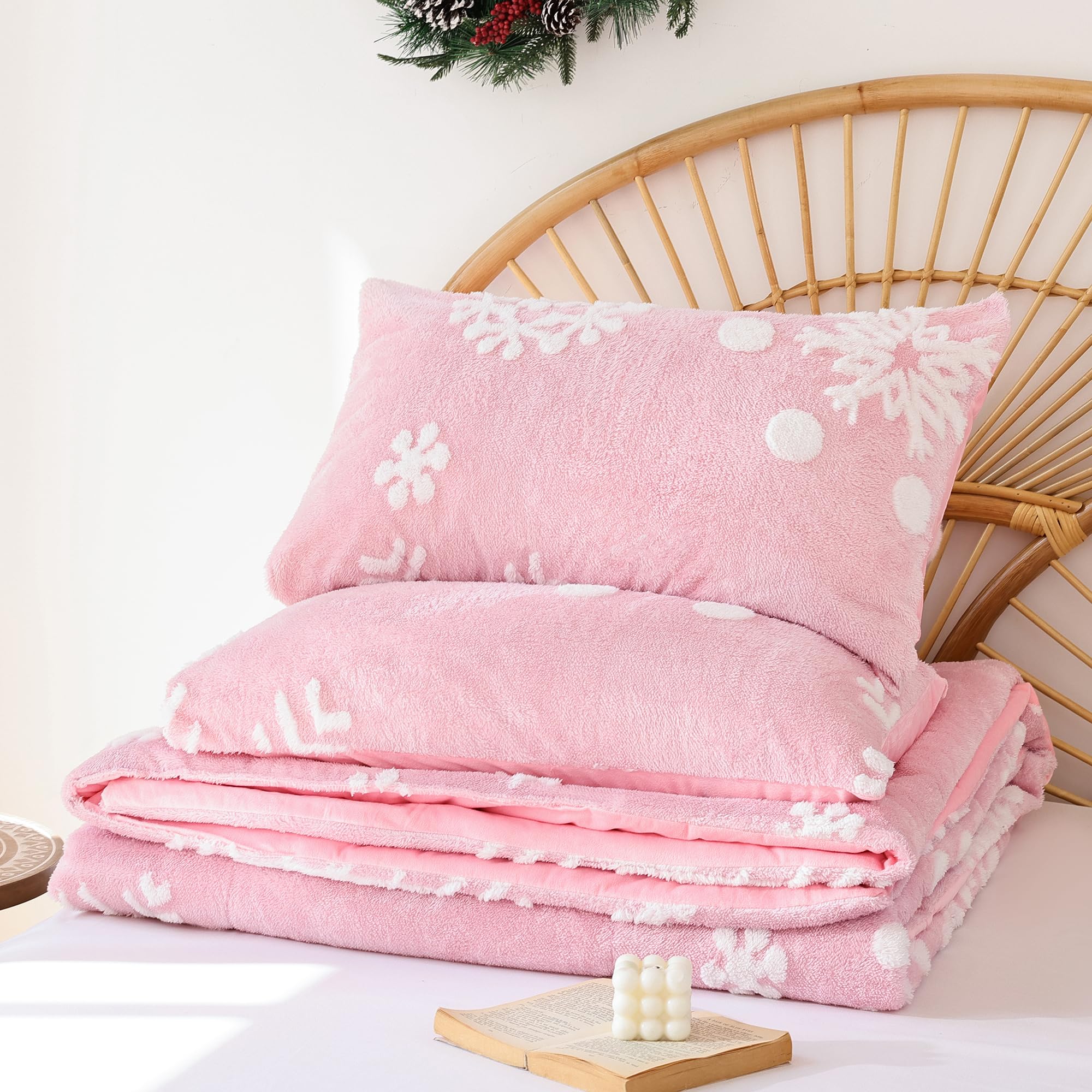 JANZAA Pink Velvet Christmas Comforter Set Queen Size - 3 Piece Soft Fluffy Bedding with 3D White Snowflake Design for Holiday Decor & Cozy Winter Nights