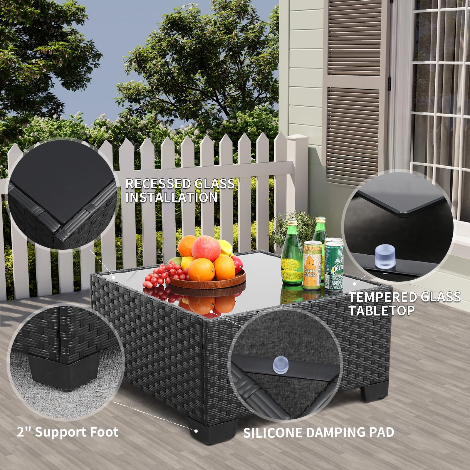 Rattaner 10-Piece All-Weather Wicker Patio Furniture Set with Steel Fire Pit Table, Glass Coffee Table & Non-Slip Cushions - Navy Blue Outdoor Sectional Sofa for Backyard, Poolside & Garden Relaxation