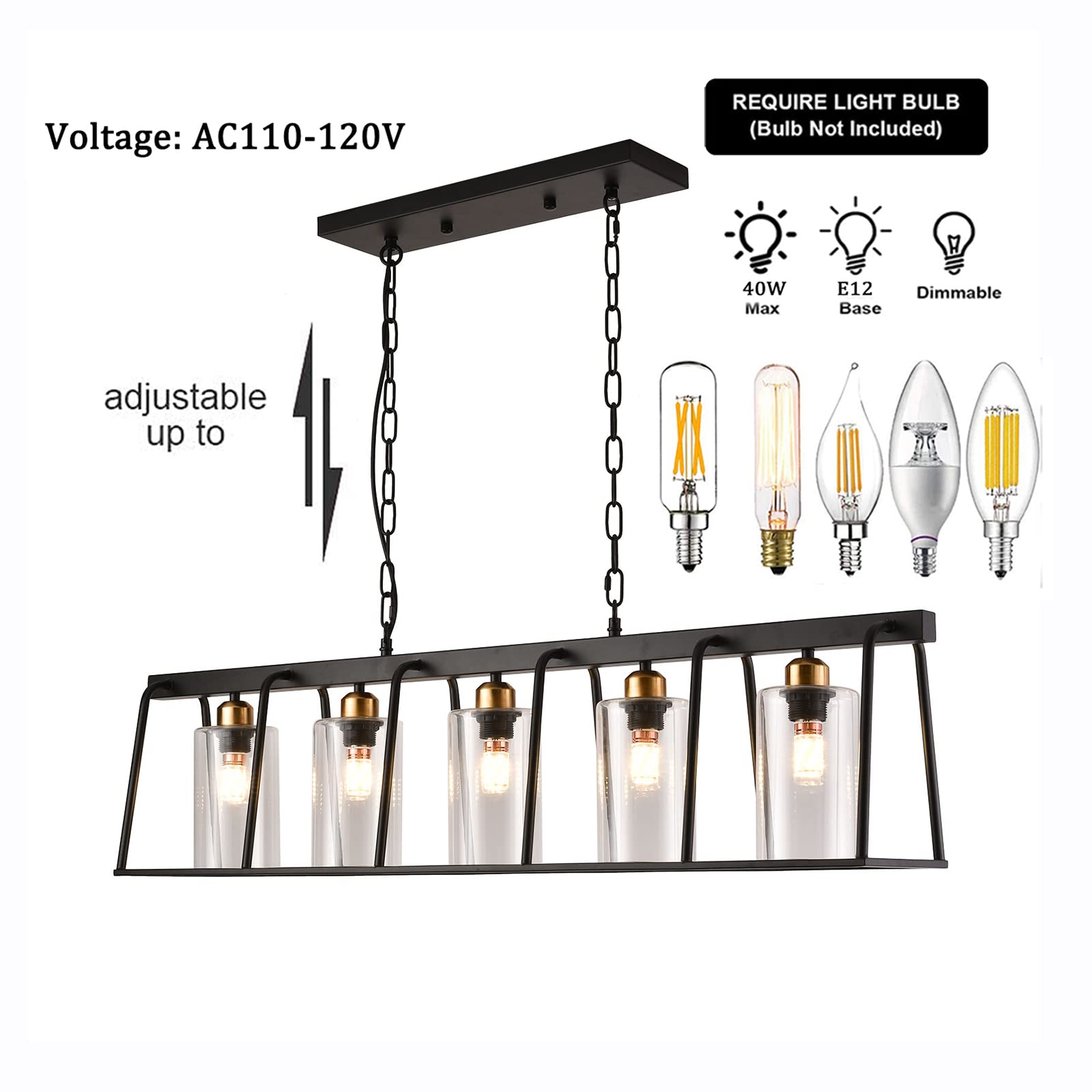 Modern 5-Light Rectangle Chandelier with Clear Glass Shades - Adjustable Rustic Pendant Lighting for Dining Room, Kitchen, Bedroom, Living Room, Foyer & Hallway - Perfect for Farmhouse, Industrial & Contemporary Home Decor