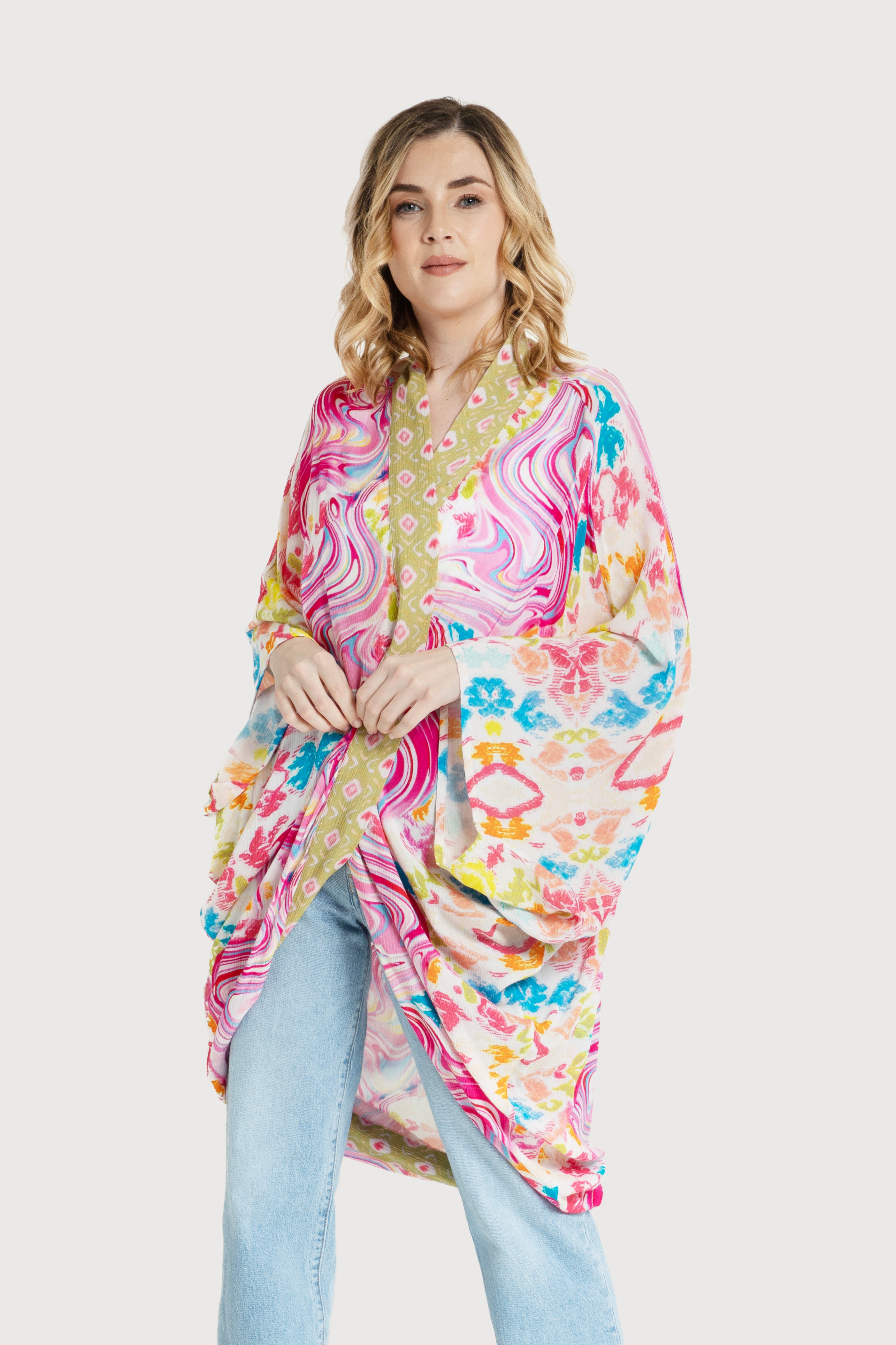 Elegant Multicolor Marble Print Kimono Robe - Lightweight Summer Cover Up for Women - Perfect for Beach, Poolside, and Lounge Wear