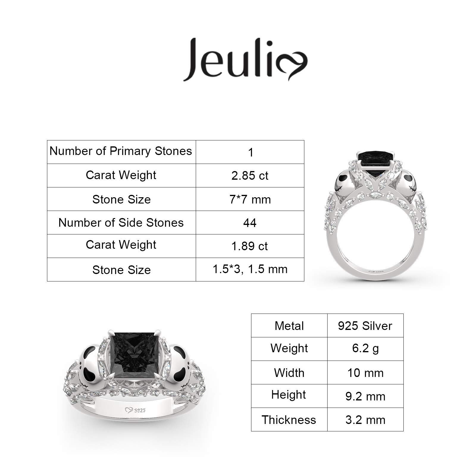 Jeulia Jack and Skellington Rings for Women - Nightmare Before Christmas Inspired 925 Sterling Silver Skull Band Ring with Princess Cut - Romantic Anniversary Promise Ring for Her, Teen Girls - Perfect for Halloween, Cosplay, and Gothic Fashion