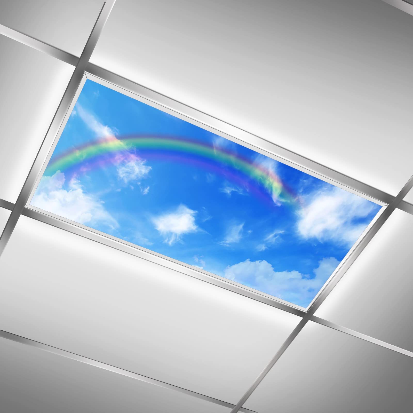 2ft x 4ft Drop Ceiling Fluorescent Light Cover - White Clouds & Rainbow Sky Design - Glare Reduction for Eye Comfort - Perfect for Offices, Schools, and Home Decor