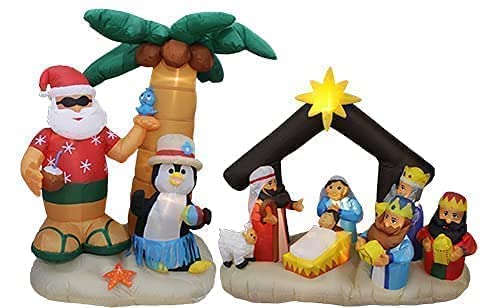 7ft Inflatable Santa Claus & Penguin Island with Palm Tree + 6ft Inflatable Nativity Scene with Three Kings & Lights - Christmas Party Decorations Bundle for Outdoor Yard, Holiday Festivities & Seasonal Celebrations
