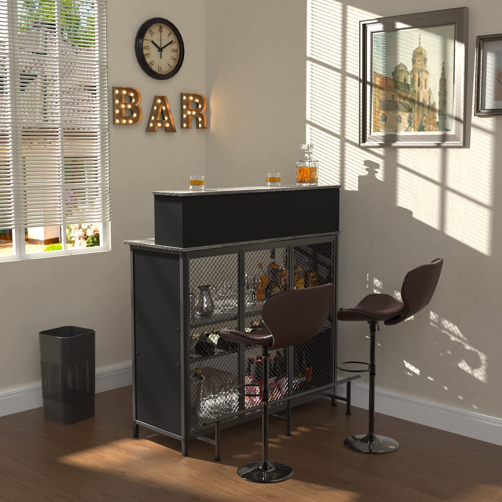 GDLF Home Bar Unit - Mini Bar Liquor Cabinet with Storage & Footrest for Kitchen, Pub, Living Room - Space-Saving Grey Bar Furniture for Small Spaces & Entertaining