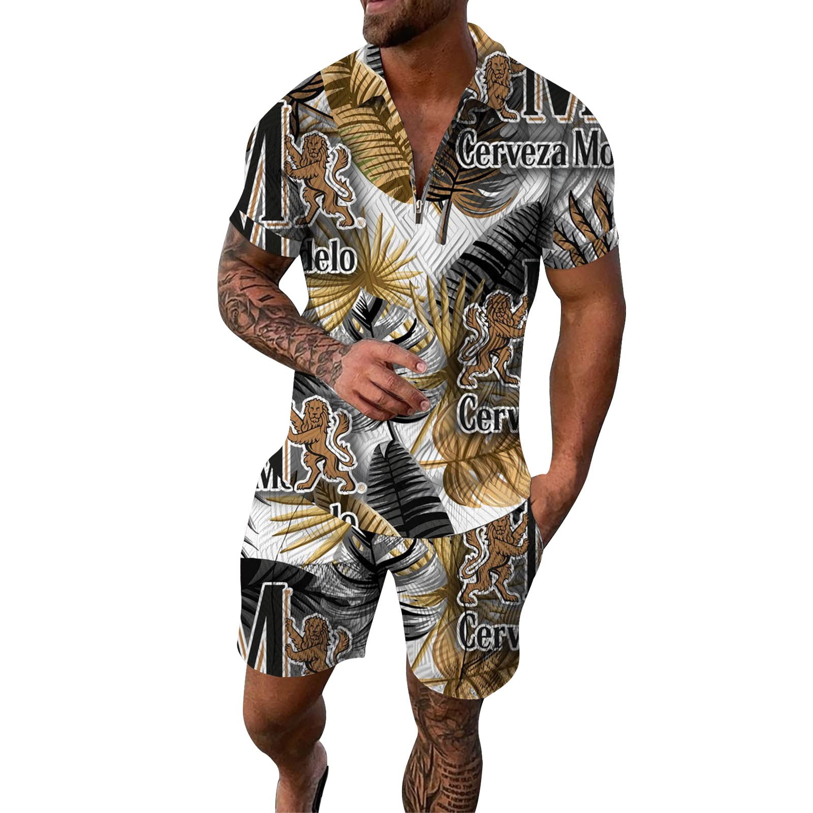 STYR Men's 2-Piece Summer Outfit - Short Sleeve Casual Shirt & Shorts Set | Lightweight Zip Tracksuit in Pink | Perfect for Beach Vacation, Gym Wear & Casual Street Style