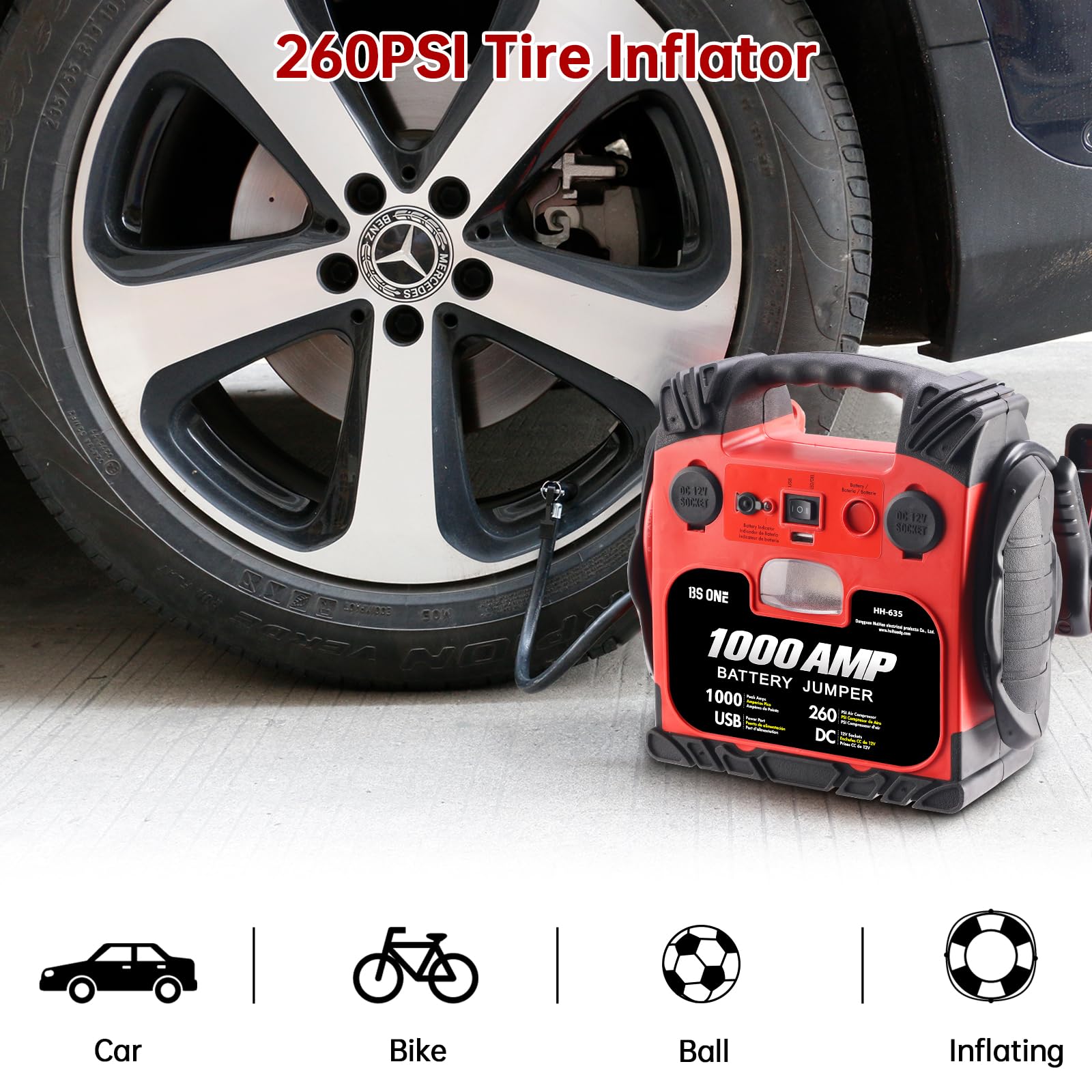 BS ONE 1000A Peak Car Jump Starter with 260PSI Air Compressor - 12V Portable Battery Booster for Dead Lead Acid Batteries, Includes LED Light & USB Output - Ideal for Emergency Roadside Assistance & Camping Power Supply
