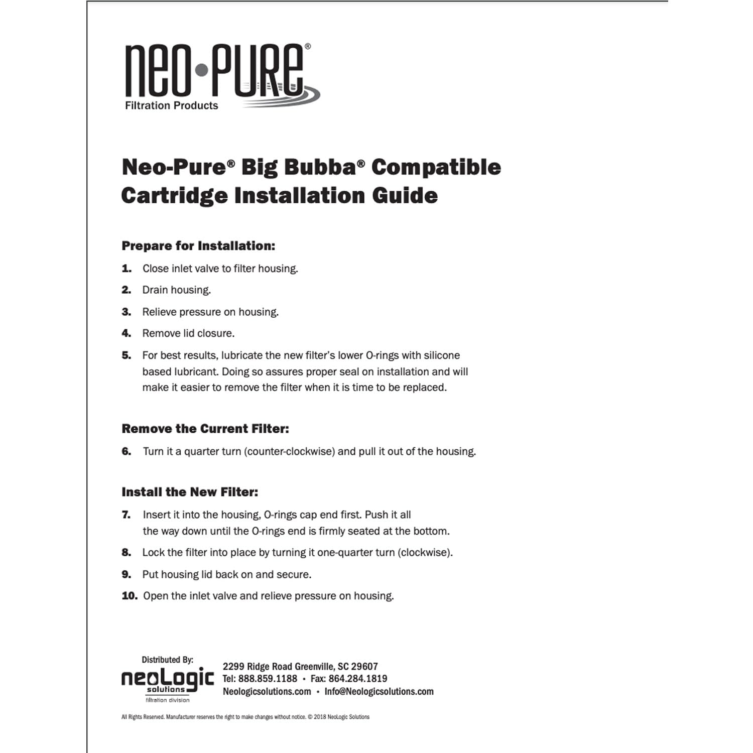 Neo-Pure BB150-PH01A Big Bubba 1 Micron Pleated Water Filter Cartridge - Compatible with Watts BBC-150-P1A & BBH-150 Housing - Ideal for Home, RV, and Commercial Water Filtration Systems