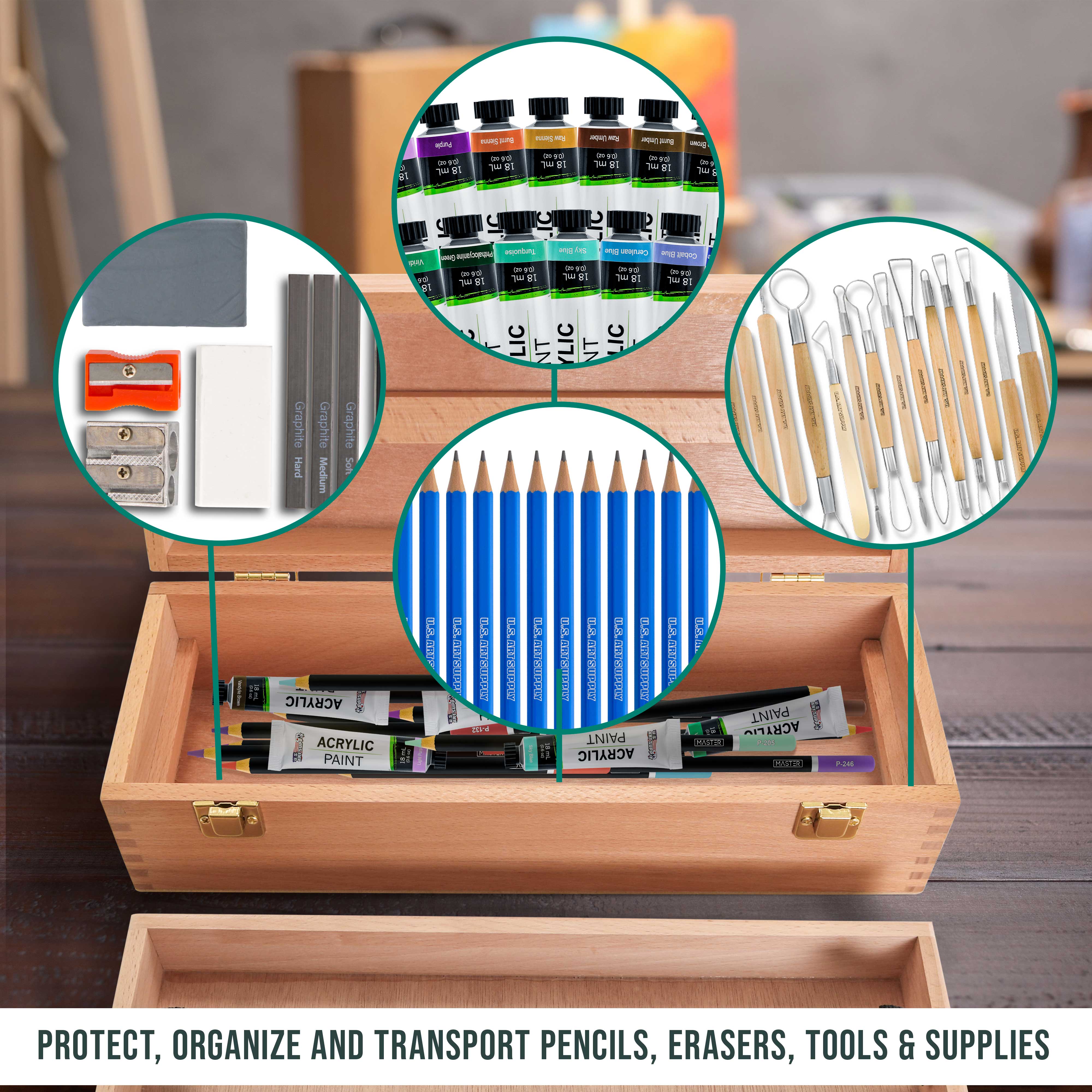 Multi-Function Unfinished Beechwood Artist Tool Storage Box with Removable Tray & Locking Clasps - Organize Paints, Pastels, Pencils & Art Supplies - Perfect for Artists, Students & DIY Crafters - Portable & Secure for Studio, Classroom & Travel Use