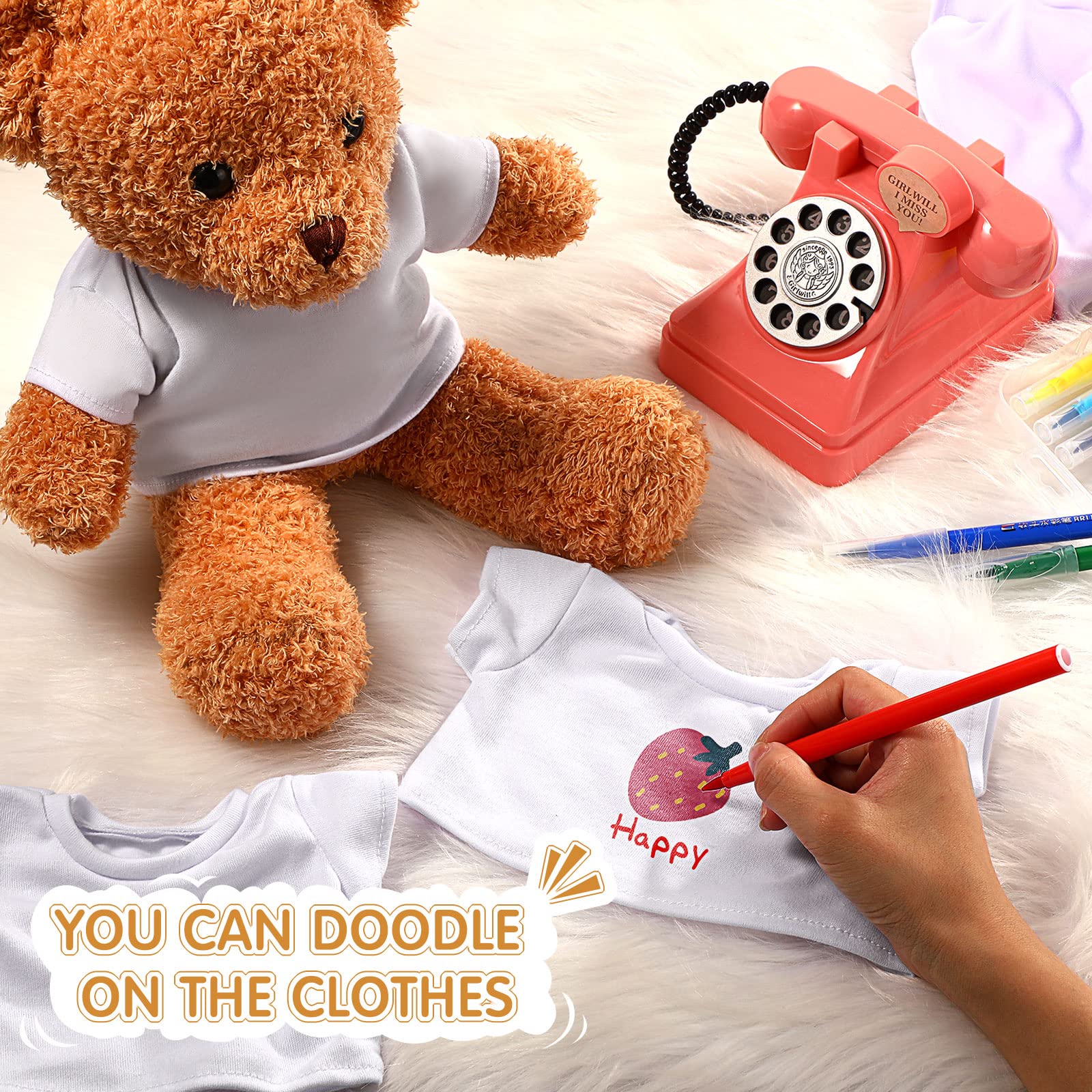 Skylety 12-Piece DIY Bear Shirts - White Plush Bear Clothes, Basic Tee Shirt for 14-18 Inch Stuffed Animals | Classic Crew Neck Toy Outfits for Teddy Bears & Dolls | Perfect Gift & Dress-Up Play for Kids