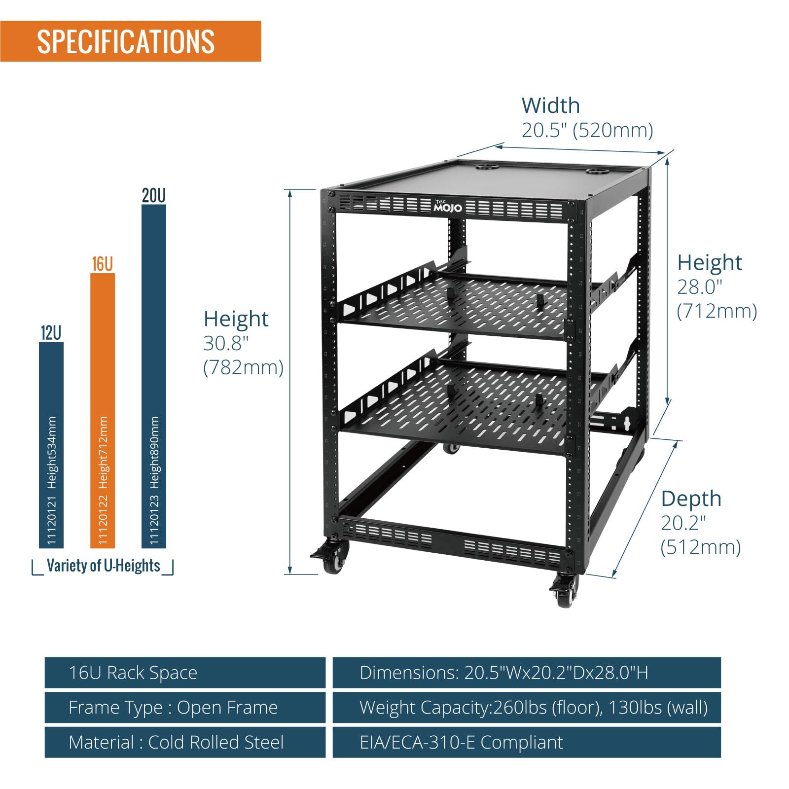16U Open Frame Network Rack for IT & AV Equipment - 4-Post Server Rack with Casters, Mobile 16U Cabinet for 19