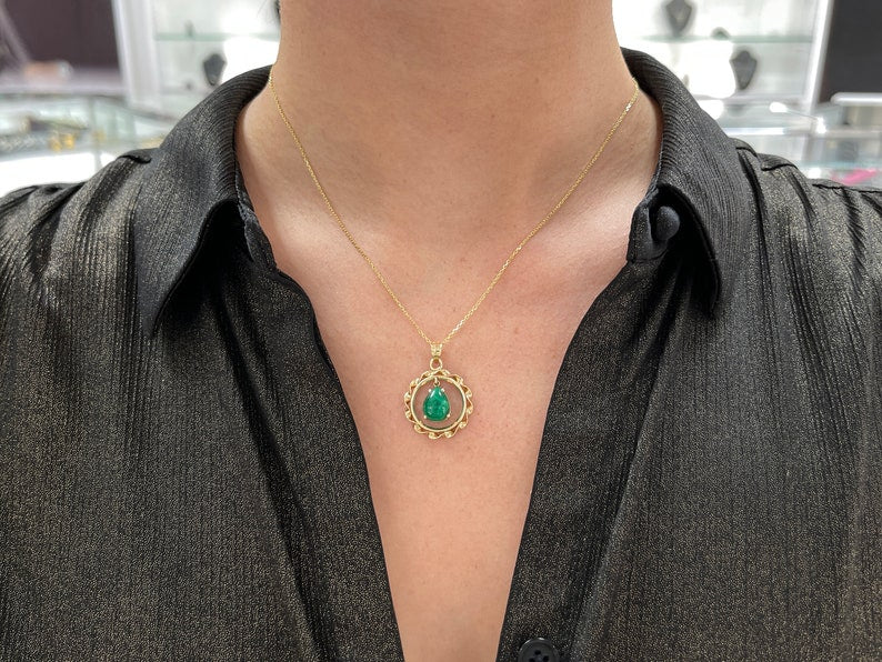 3.75 Carat 14K Gold Natural Emerald Pear Cut Cabochon Vintage Solitaire Pendant Necklace for Women - Perfect Anniversary Gift, Wedding Jewelry & Special Occasion Accessory