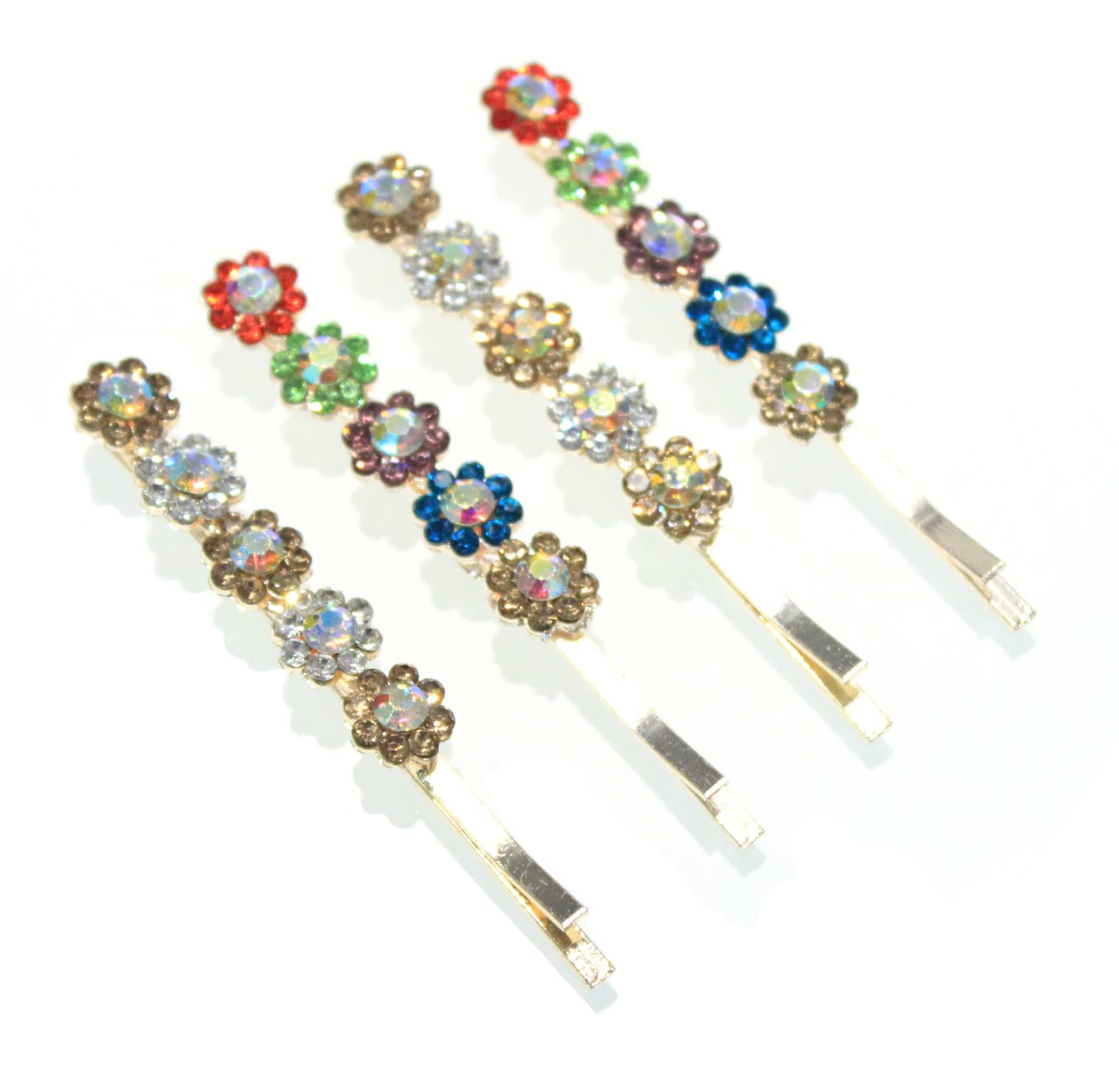 Multicolor Gold Plated Crystal Rhinestone Floral Hairpins for Women & Girls - Elegant Hair Clips for Weddings, Parties & Daily Use (Pack of 4)