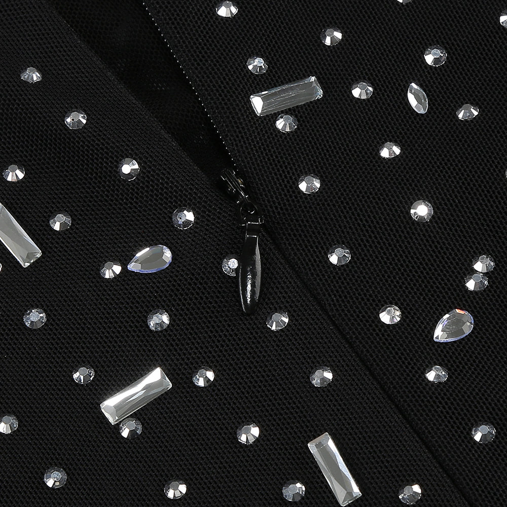 Elegant Black Crystal Embellished Mesh Midi Dress for Women - Perfect for Evening Parties, Weddings & Special Occasions