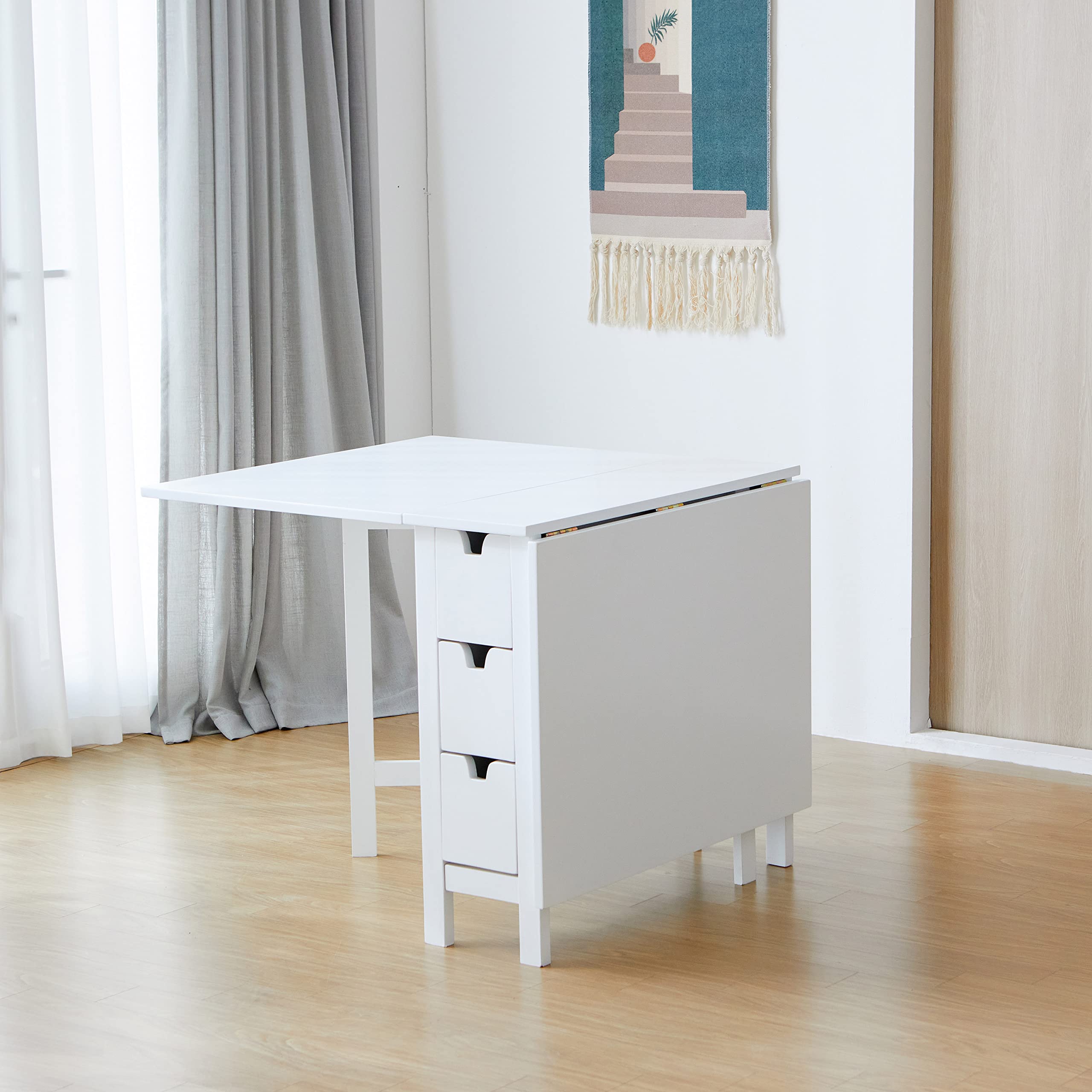 Livinia Wings Gate-Leg Solid Hardwood Expandable Dining Table - Space Saving Drop Leaf Kitchen Table with 6 Drawers (White, Fully Assembled) | Perfect for Small Apartments, Breakfast Nooks & Cozy Dining Spaces