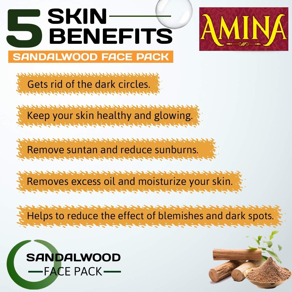 Amina Natural Sandalwood Face Pack Powder 100g - Organic Ayurvedic Skincare for Glowing Skin, Acne Treatment & Skin Brightening | Perfect for Daily Facial Care & Spa Treatments