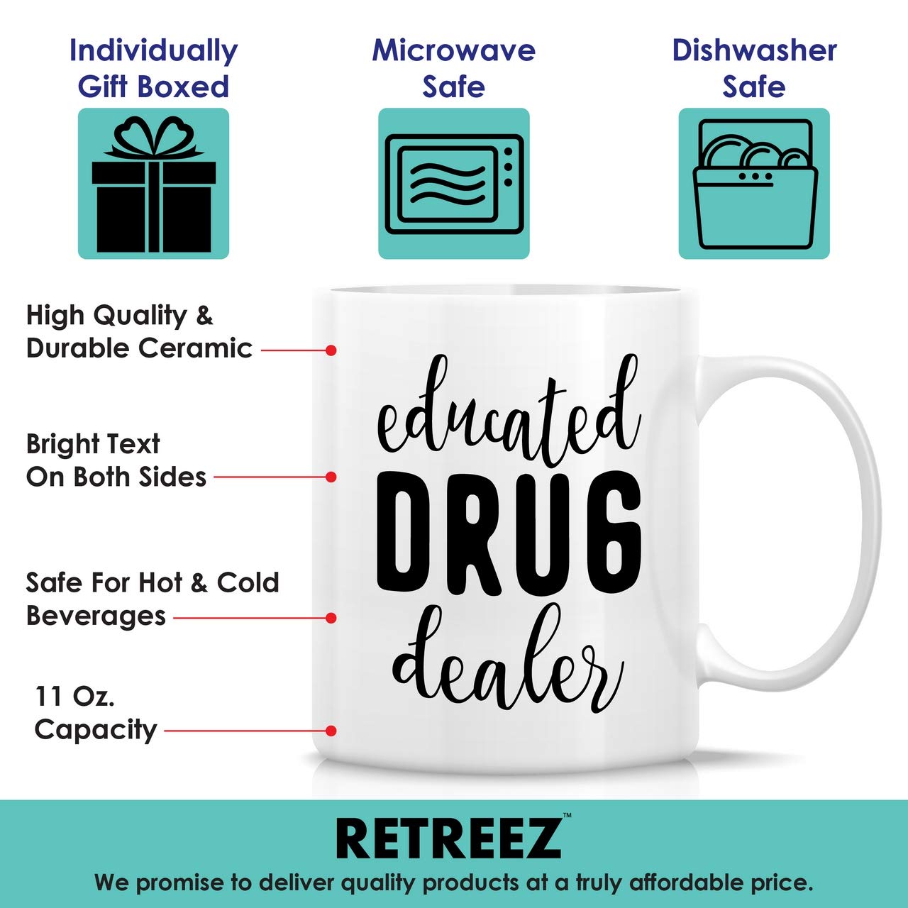 Funny 11 Oz Ceramic Coffee Mug - Educated Drug Dealer Pharmacy Med School Pharmacist Sarcastic Gift - Perfect for Tea & Coffee Lovers, Birthday Gifts for Friends, Coworkers, Him, Her, Dad, Mom - Great for Office, Home Use & Gift Giving