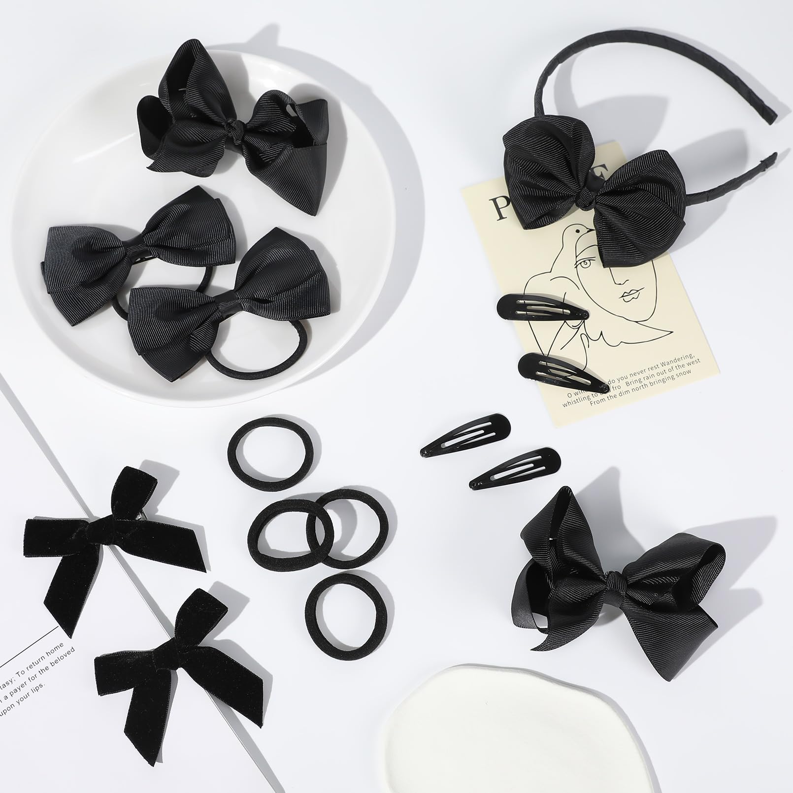 DEEKA 15-Piece Girls Hair Accessories Set - Black Hair Bows, Clips, Headband & Hair Ties for School, Parties & Everyday Wear