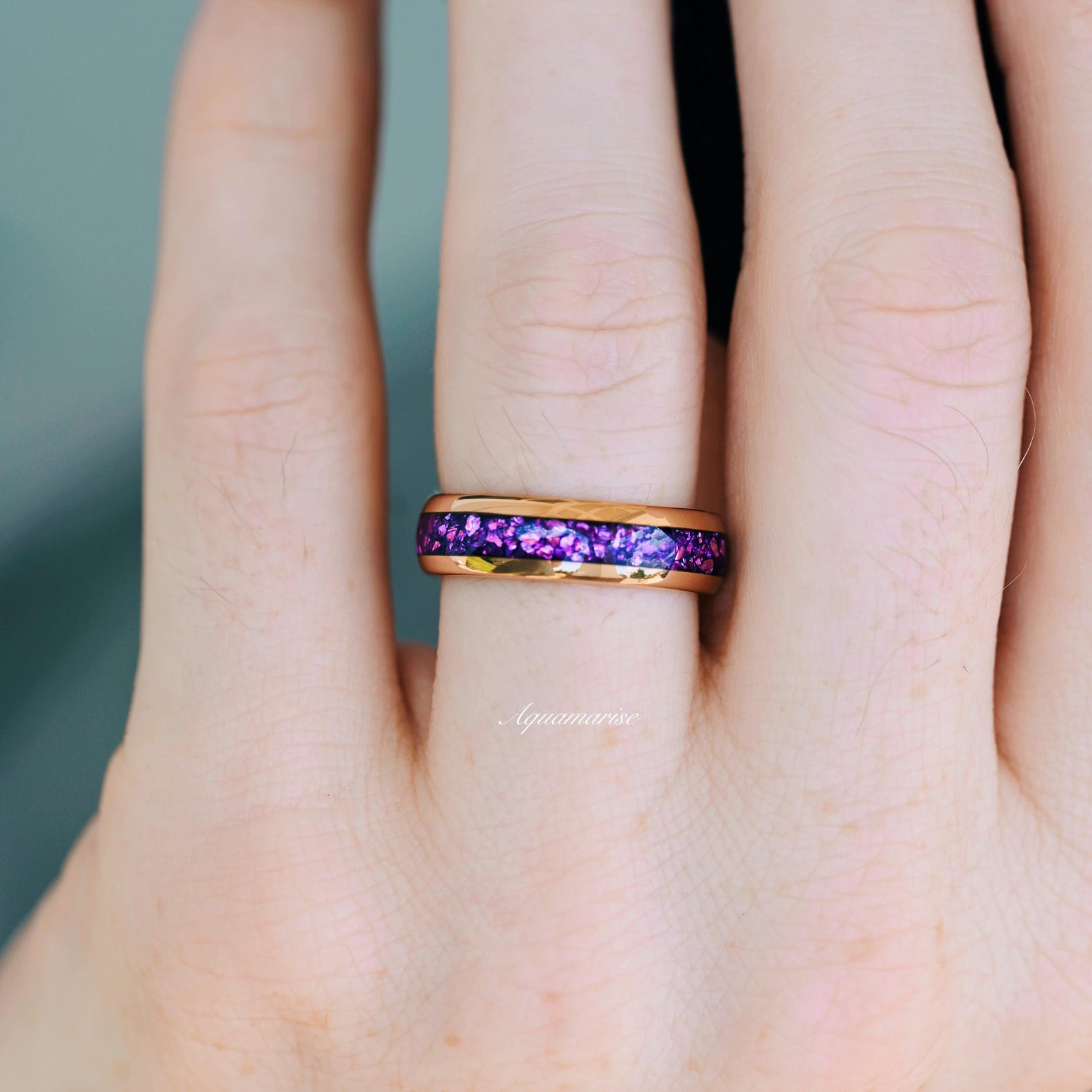 6MM Rose Gold Tungsten Wedding Band with Crushed Amethyst Inlay - Elegant Unisex Ring for Weddings, Anniversaries & Special Occasions