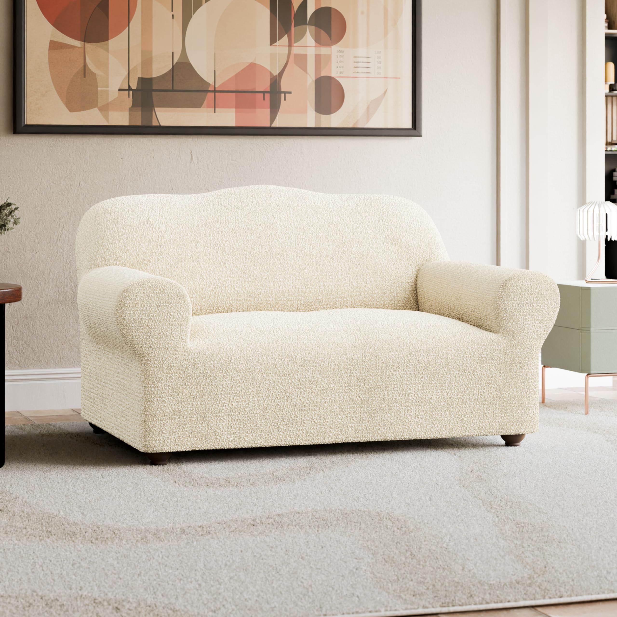 Stretch Loveseat Slipcover - Soft Polyester Sofa Cover for 2-Seater Couches - Washable 1-Piece Form Fit Protector - Mille Righe Collection (Cream) | Perfect for Living Rooms, Apartments & Home Decor Protection