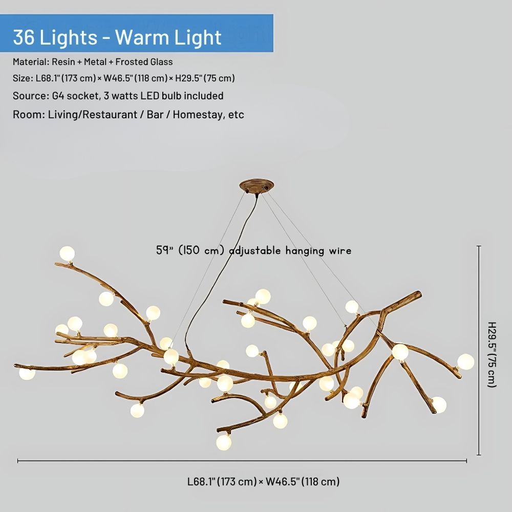 Rustic Branch Chandelier with Frosted & Clear Glass Balls - Farmhouse Ceiling Light Fixture for Dining Room, Bedroom or Living Room Decor