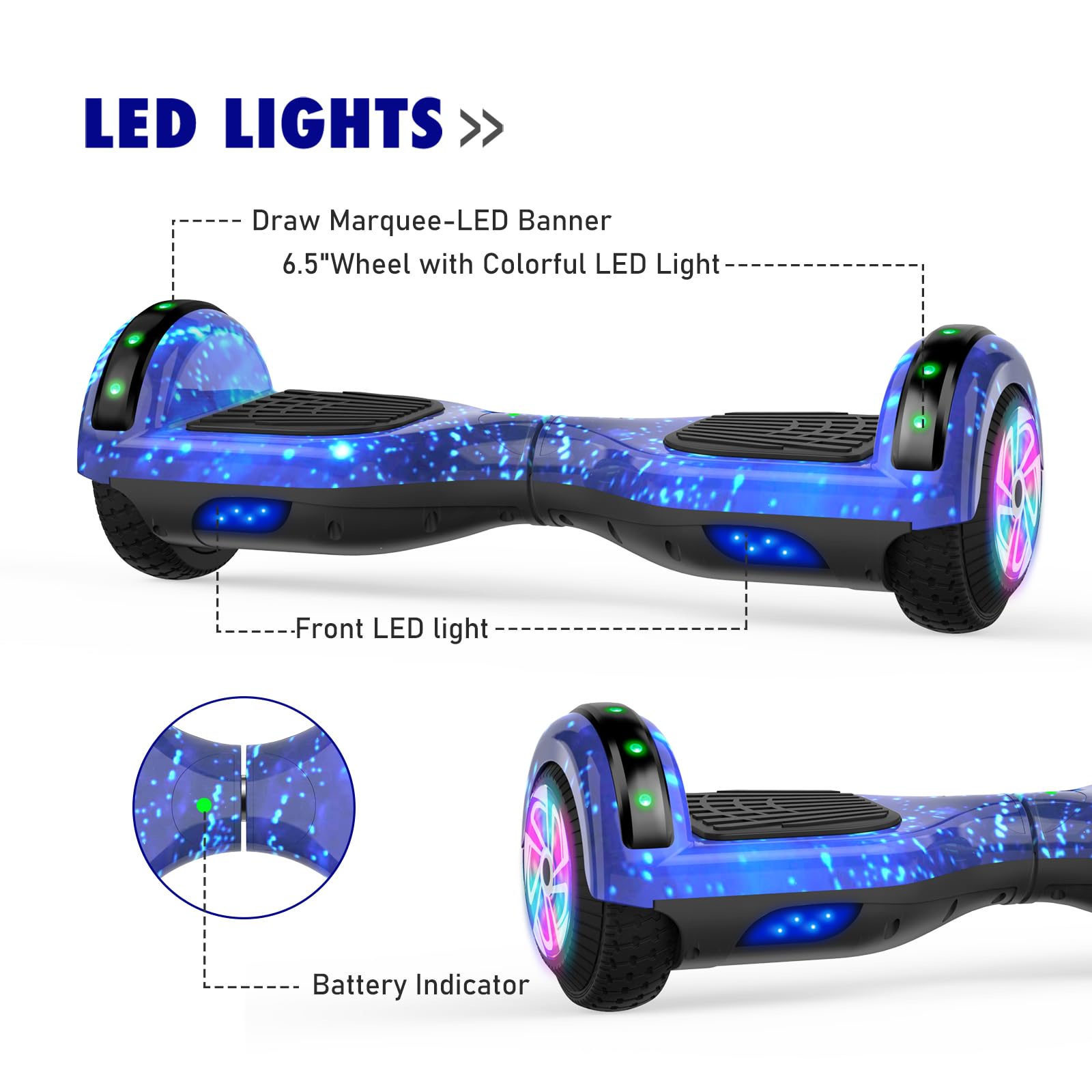 6.5 Inch Self Balancing Hoverboard Scooter with Bluetooth Speaker & LED Lights - Best Electric Hover Board for Kids Ages 6-12 - Perfect for Indoor/Outdoor Riding, Commuting & Fun Gifts