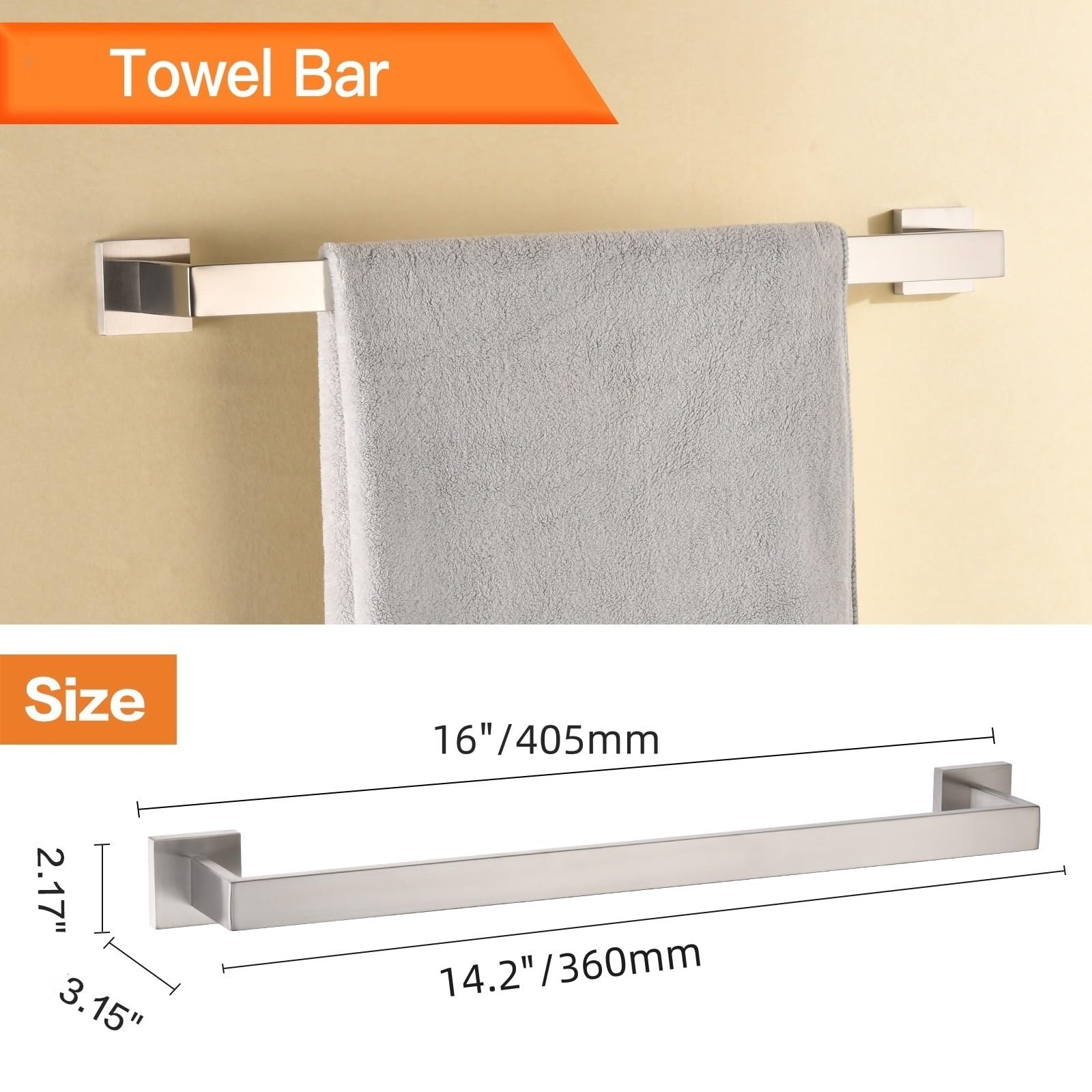 5-Piece Brushed Nickel Bath Towel Bar Set - 16-Inch Wall Mounted Towel Rod, Rack, Toilet Paper Holder with Shelf & 2 Robe Hooks | Modern Bathroom Hardware Accessories for Spa-Like Luxury (Perfect for Master Bath, Guest Bath & Powder Room Decor)