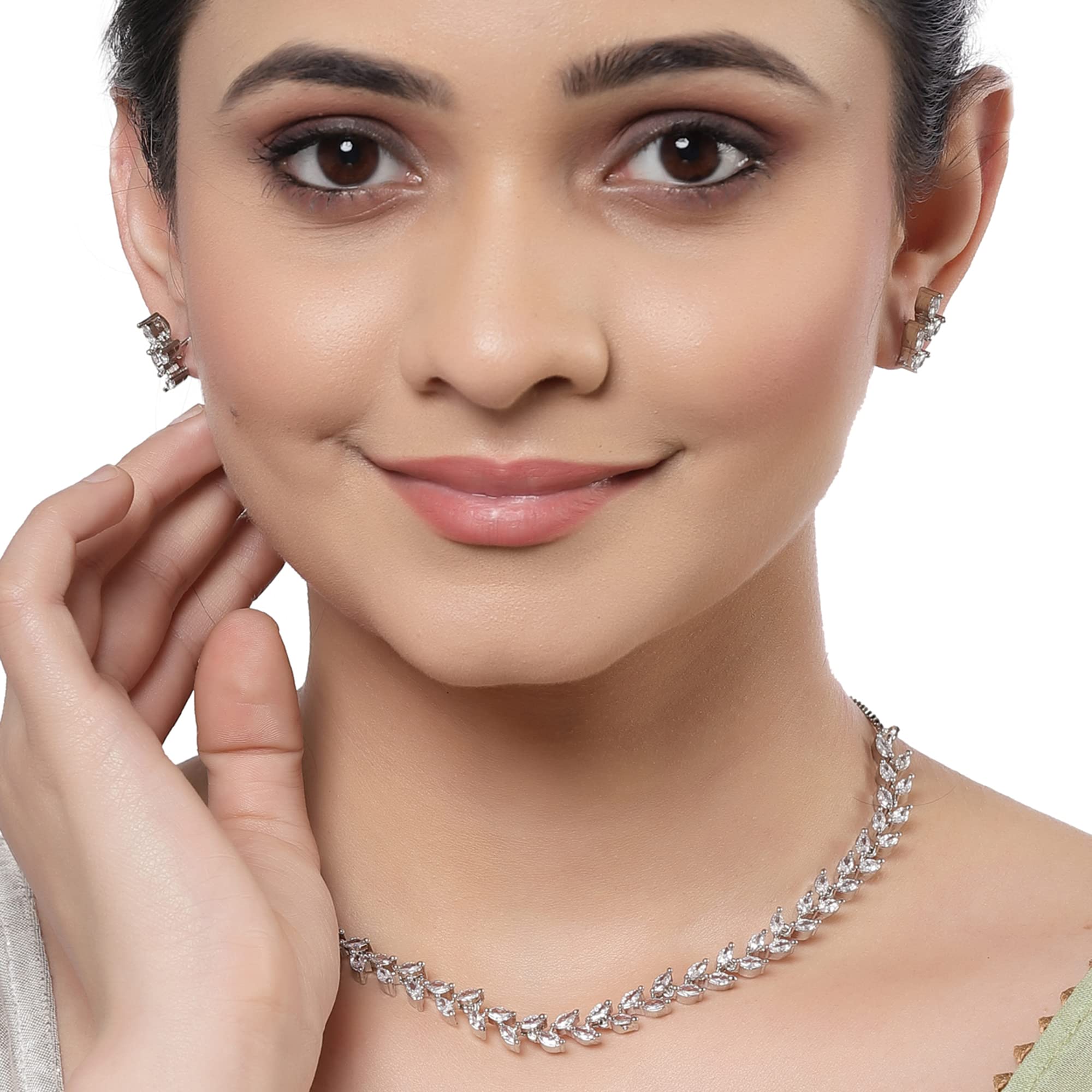 Rose Gold-Plated Leaf Design Black & White Diamond Studded Jewelry Set for Women - Elegant Necklace & Earrings Set for Parties, Weddings & Special Occasions
