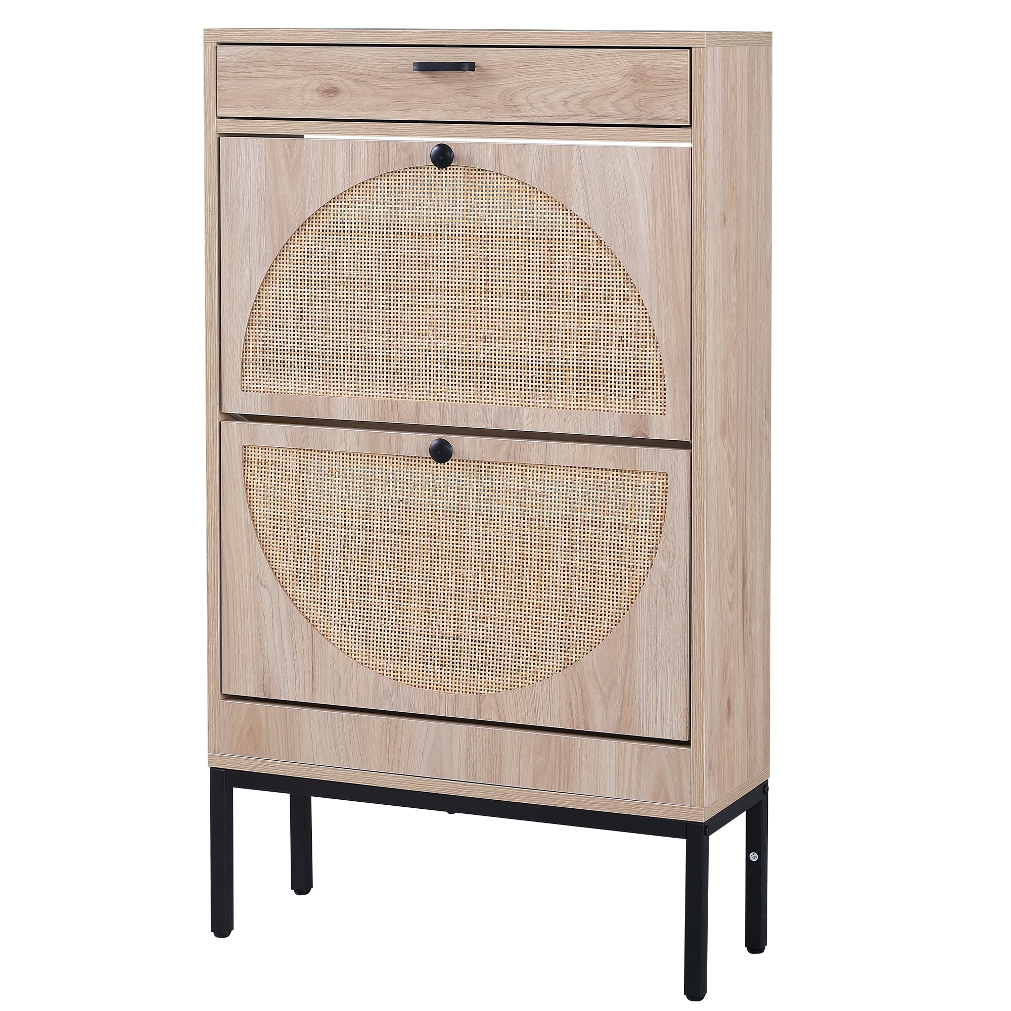 Brafab 2-Tier Shoe Storage Cabinet with Flip Drawers & Small Drawer - Slim Entryway Shoe Organizer with Woven Rattan Doors for Sneakers, Boots & Sandals - Perfect for Hallway, Closet & Bedroom Organization