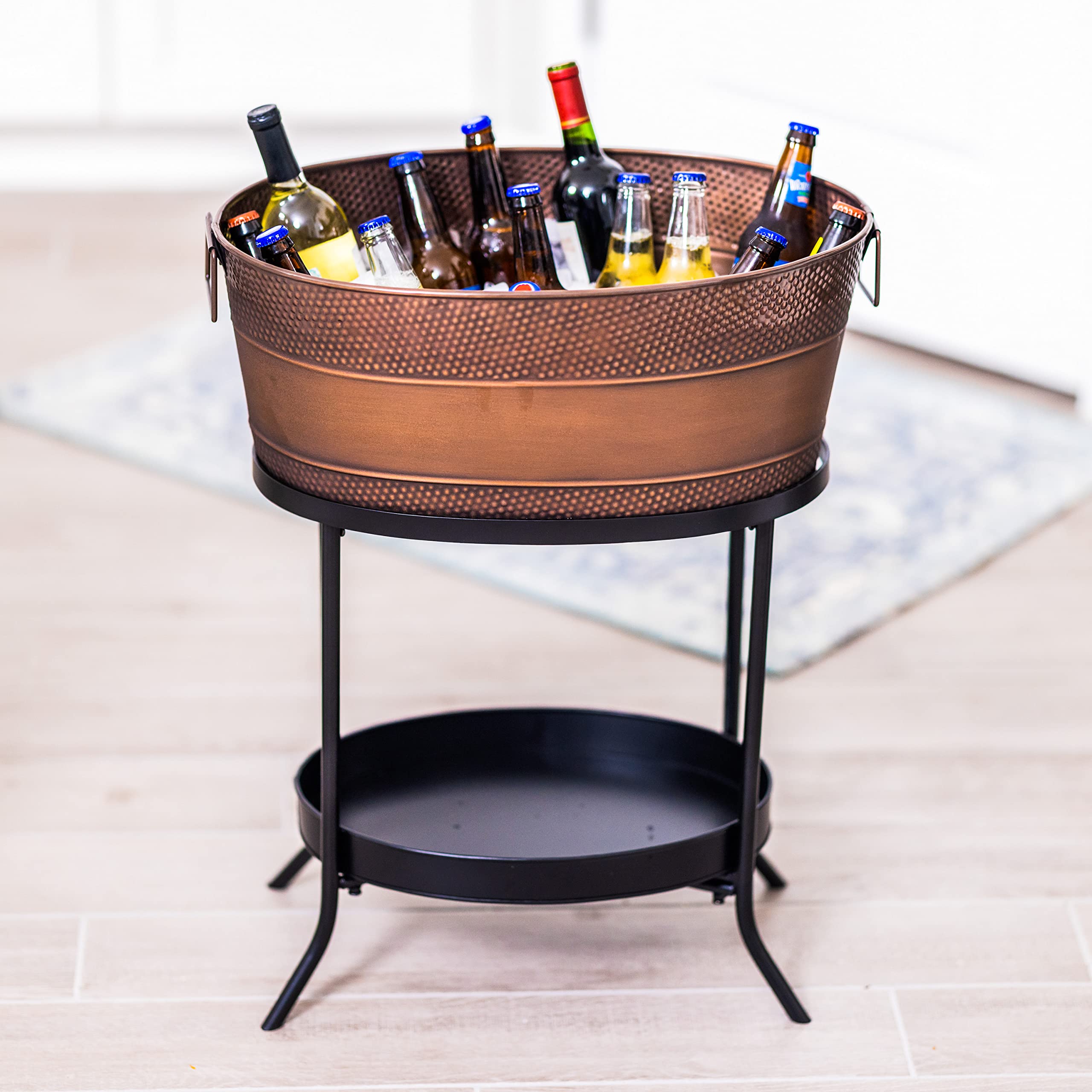 BREKX 25 Quart Copper Finish Aspen Hammered Galvanized Beverage Tub with Stand - Perfect for Outdoor Parties, Picnics, and Chilling Drinks at BBQs