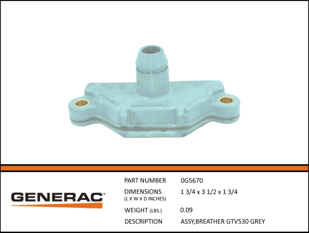 Generac 0G5670 Breather GTV530 Grey Replacement Part - Compatible with Generac Engines for Home & Industrial Use