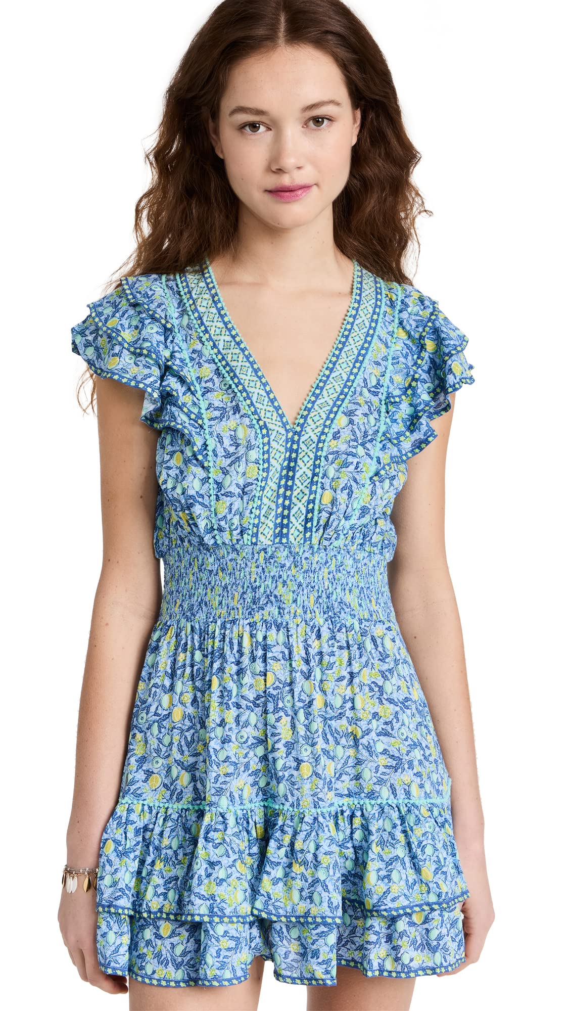 Poupette St Barth Women's Camila V Mini Dress - Flowy Summer Beach Dress for Vacation, Party & Date Night | Sexy V-Neck Sundress with Ruffle Hem