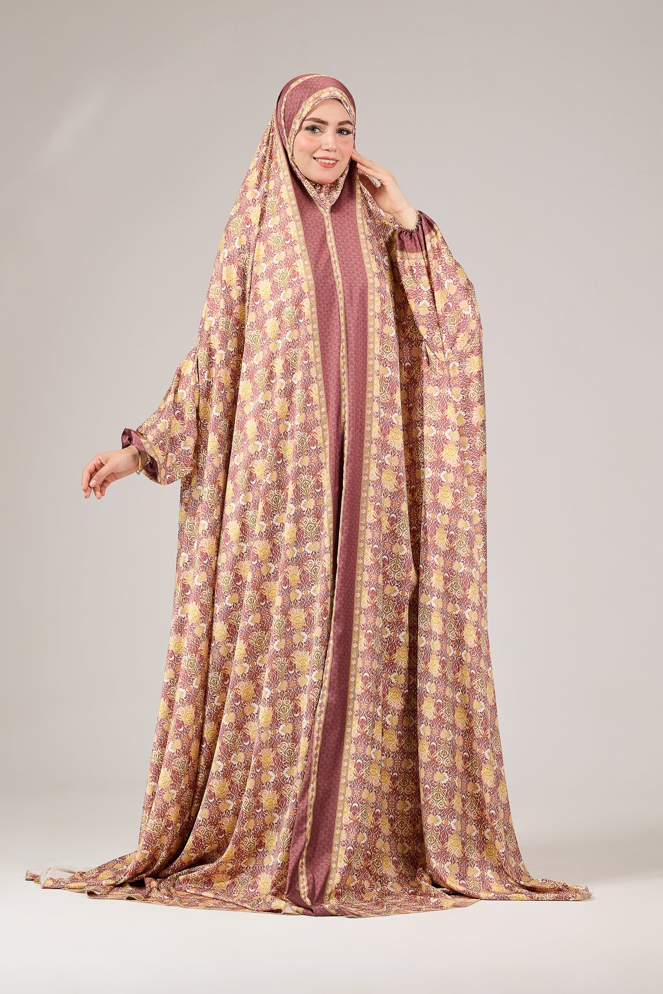 Elegant Satin Floral Prayer Gown with Elastic Cuffs - Comfortable Religious Attire for Church, Home Worship & Special Occasions