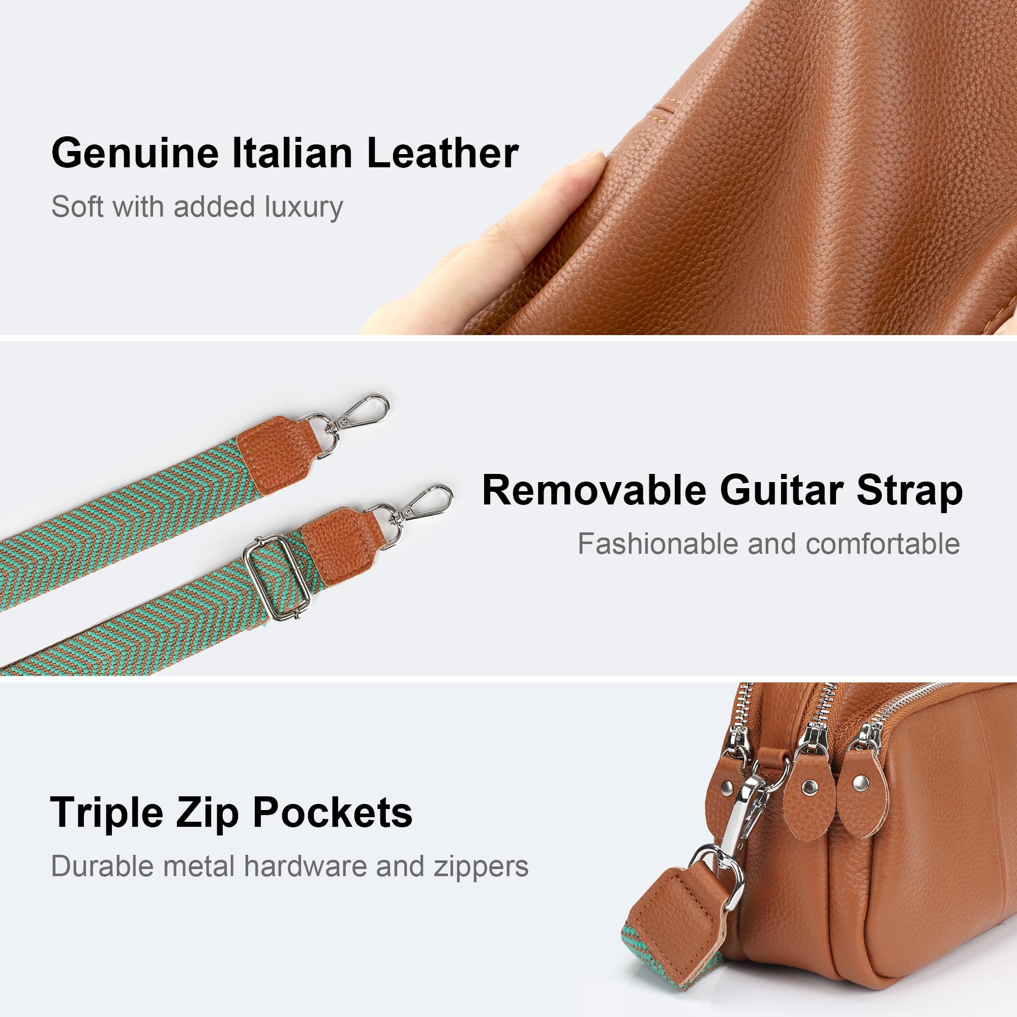 Befen Genuine Leather Crossbody Camera Bag for Women - Triple Zip Travel Purse with Adjustable Wide Strap | Perfect for DSLR Cameras, Daily Essentials & Outdoor Photography