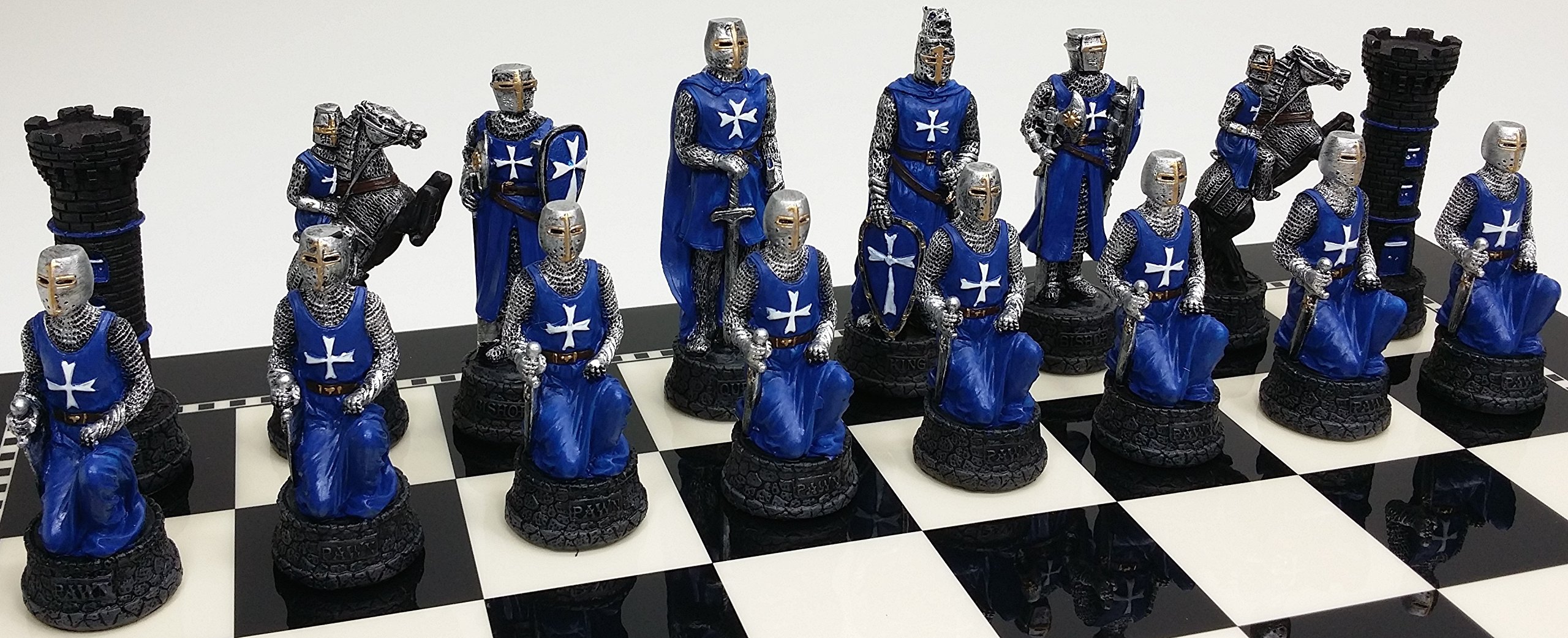 Hand-Painted Medieval Crusades Themed Chess Set - Red & Blue Pieces with Glossy Black & White Board | Perfect for History Enthusiasts & Strategy Game Lovers